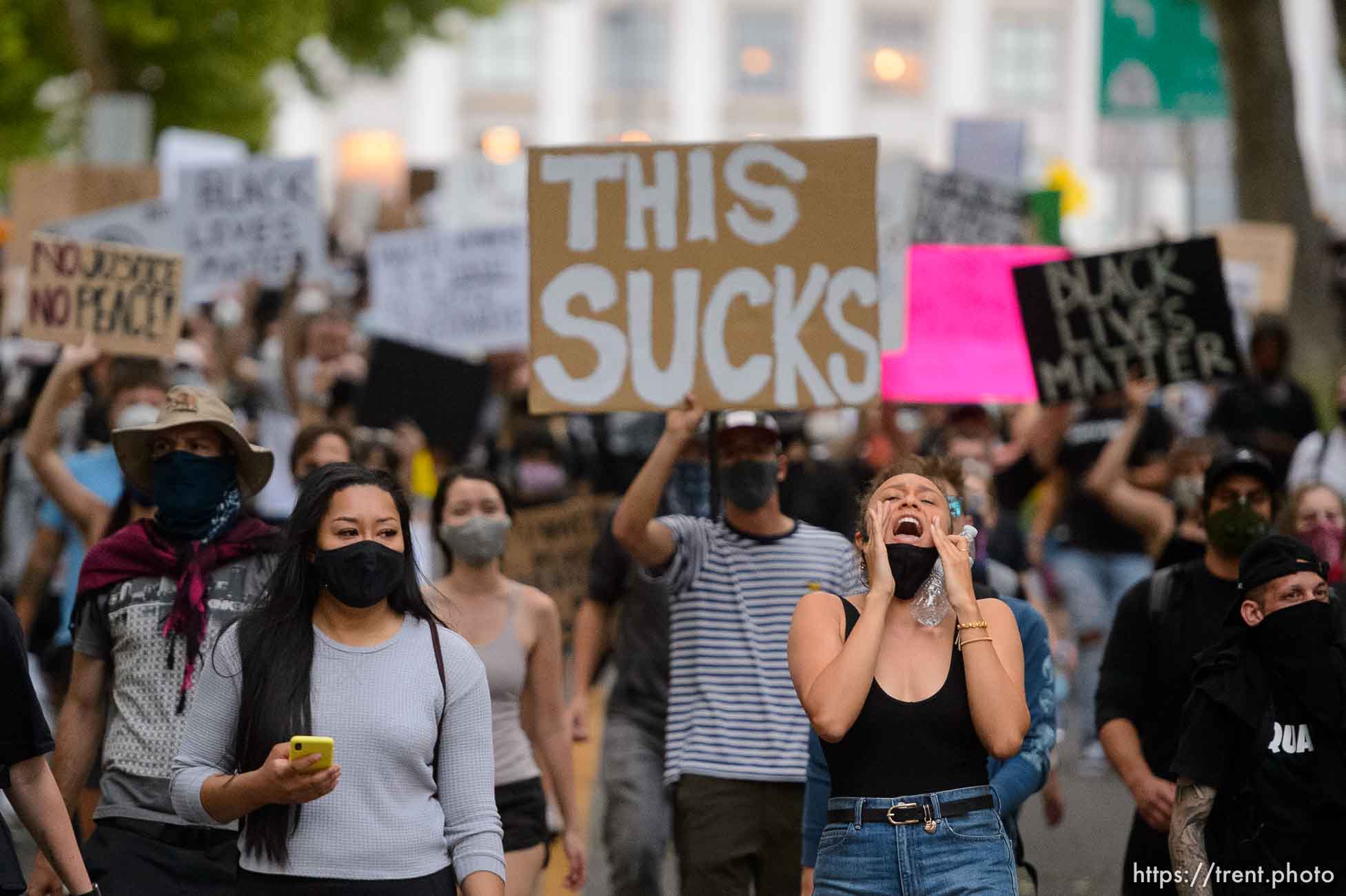 (Trent Nelson  |  The Salt Lake Tribune) Protesters march against police brutality rally down State Street in Salt Lake City on Friday, June 5, 2020.