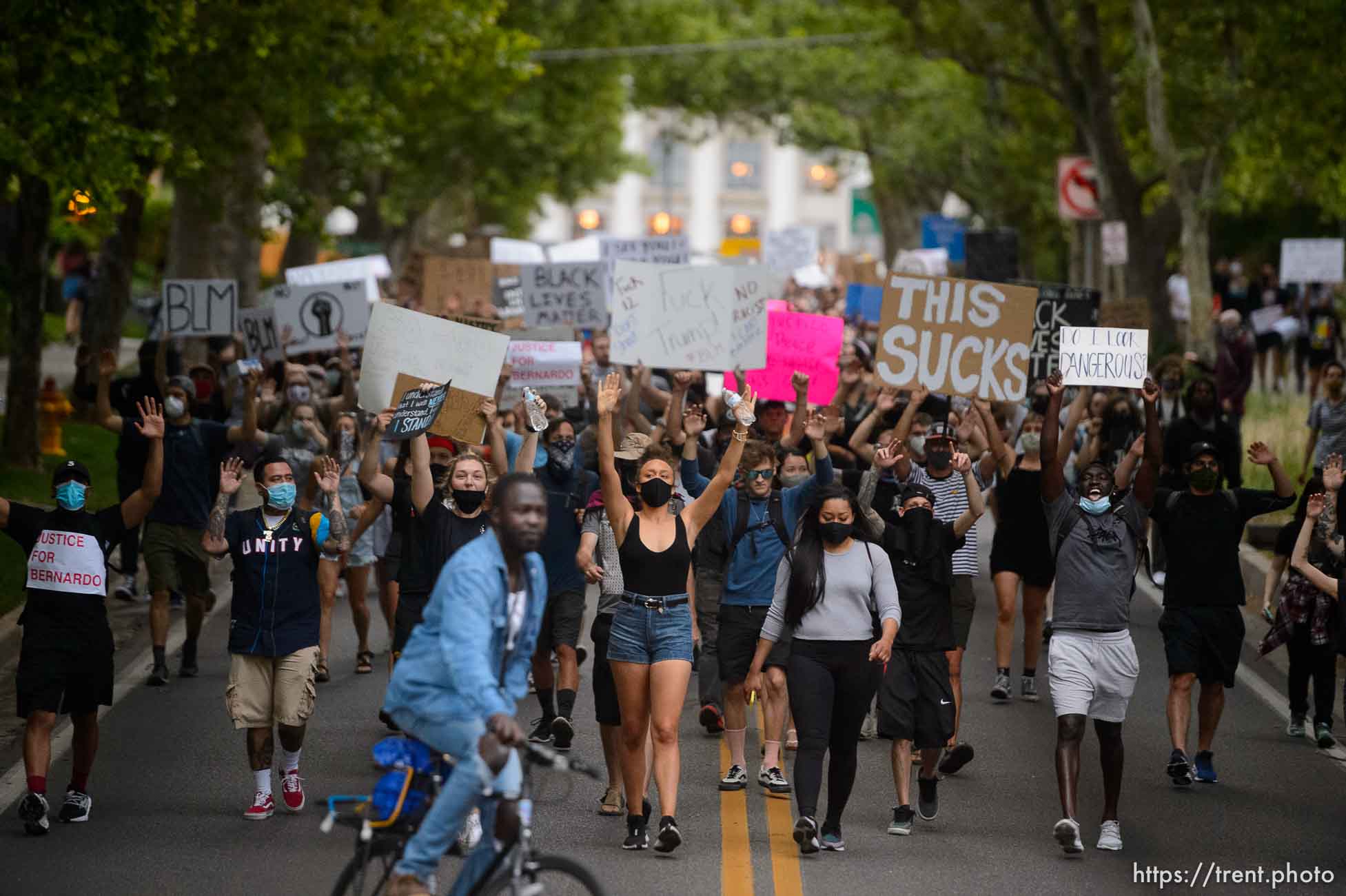 (Trent Nelson  |  The Salt Lake Tribune) Protesters march against police brutality rally down State Street in Salt Lake City on Friday, June 5, 2020.