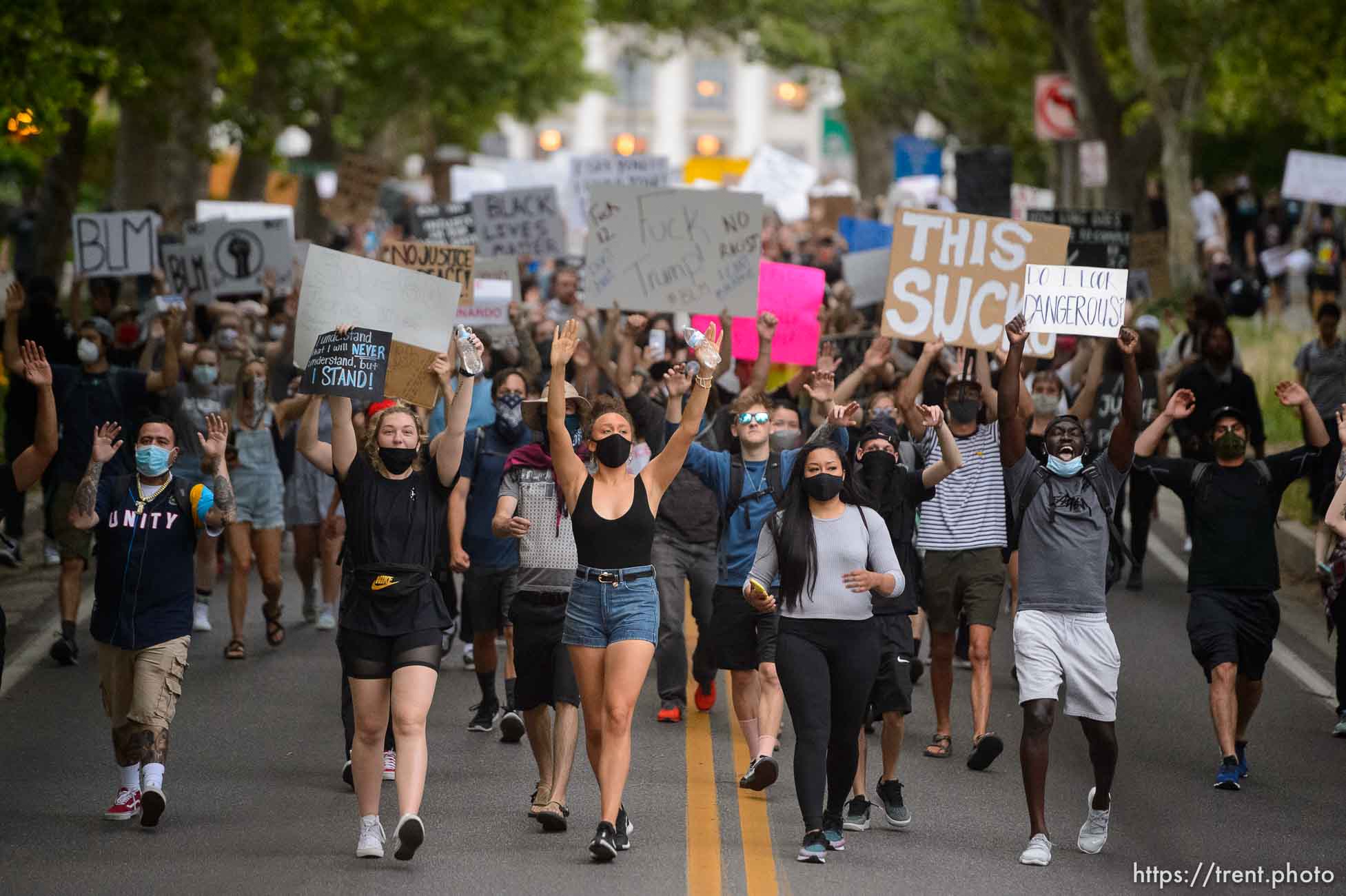 (Trent Nelson  |  The Salt Lake Tribune) Protesters march against police brutality rally down State Street in Salt Lake City on Friday, June 5, 2020.