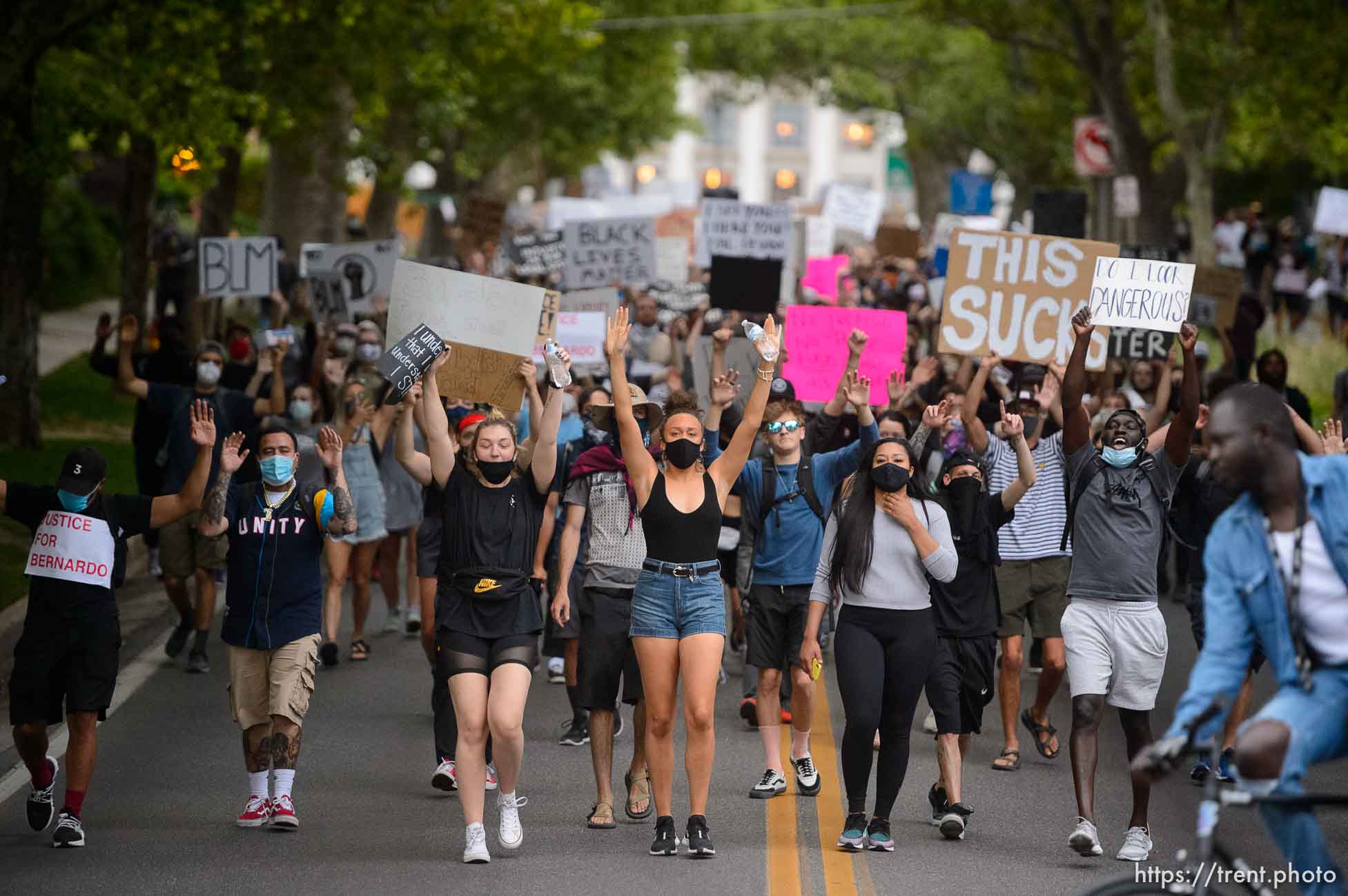 (Trent Nelson  |  The Salt Lake Tribune) Protesters march against police brutality rally down State Street in Salt Lake City on Friday, June 5, 2020.