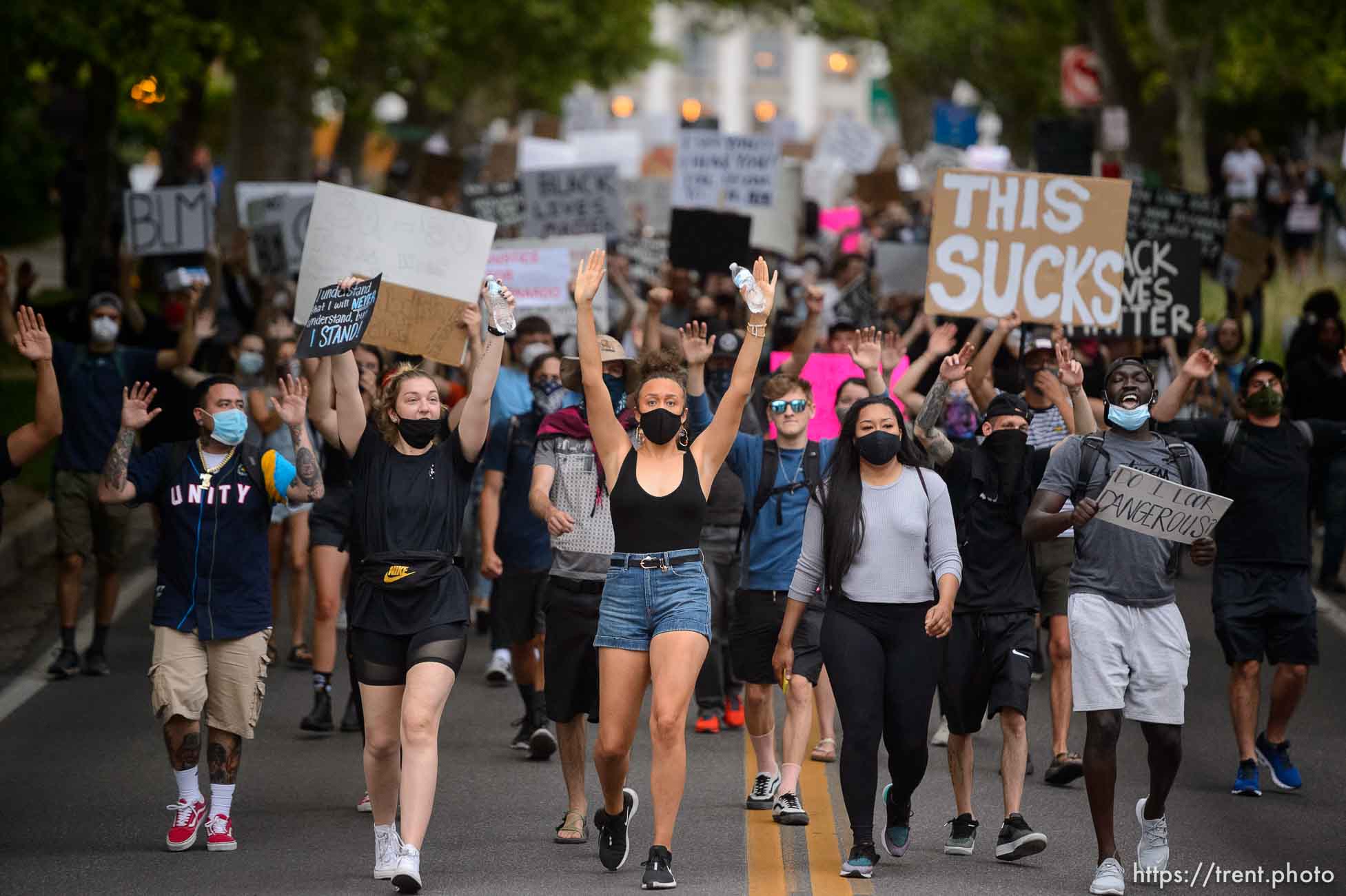 (Trent Nelson  |  The Salt Lake Tribune) Protesters march against police brutality rally down State Street in Salt Lake City on Friday, June 5, 2020.