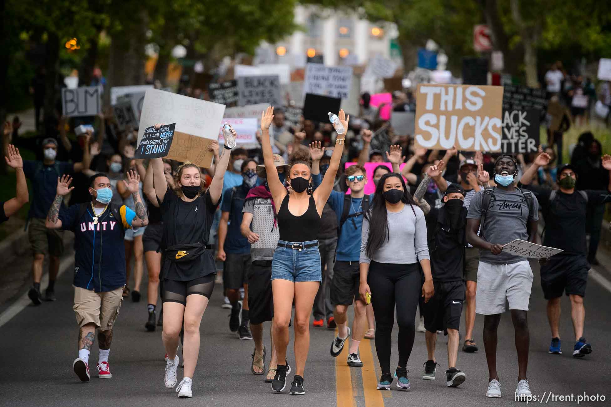 (Trent Nelson  |  The Salt Lake Tribune) Protesters march against police brutality rally down State Street in Salt Lake City on Friday, June 5, 2020.