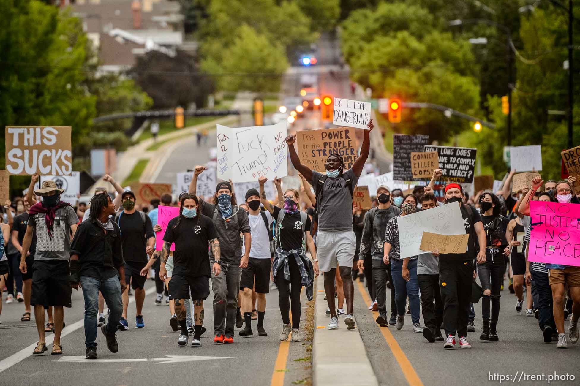 (Trent Nelson  |  The Salt Lake Tribune) Protesters march against police brutality rally down State Street in Salt Lake City on Friday, June 5, 2020.