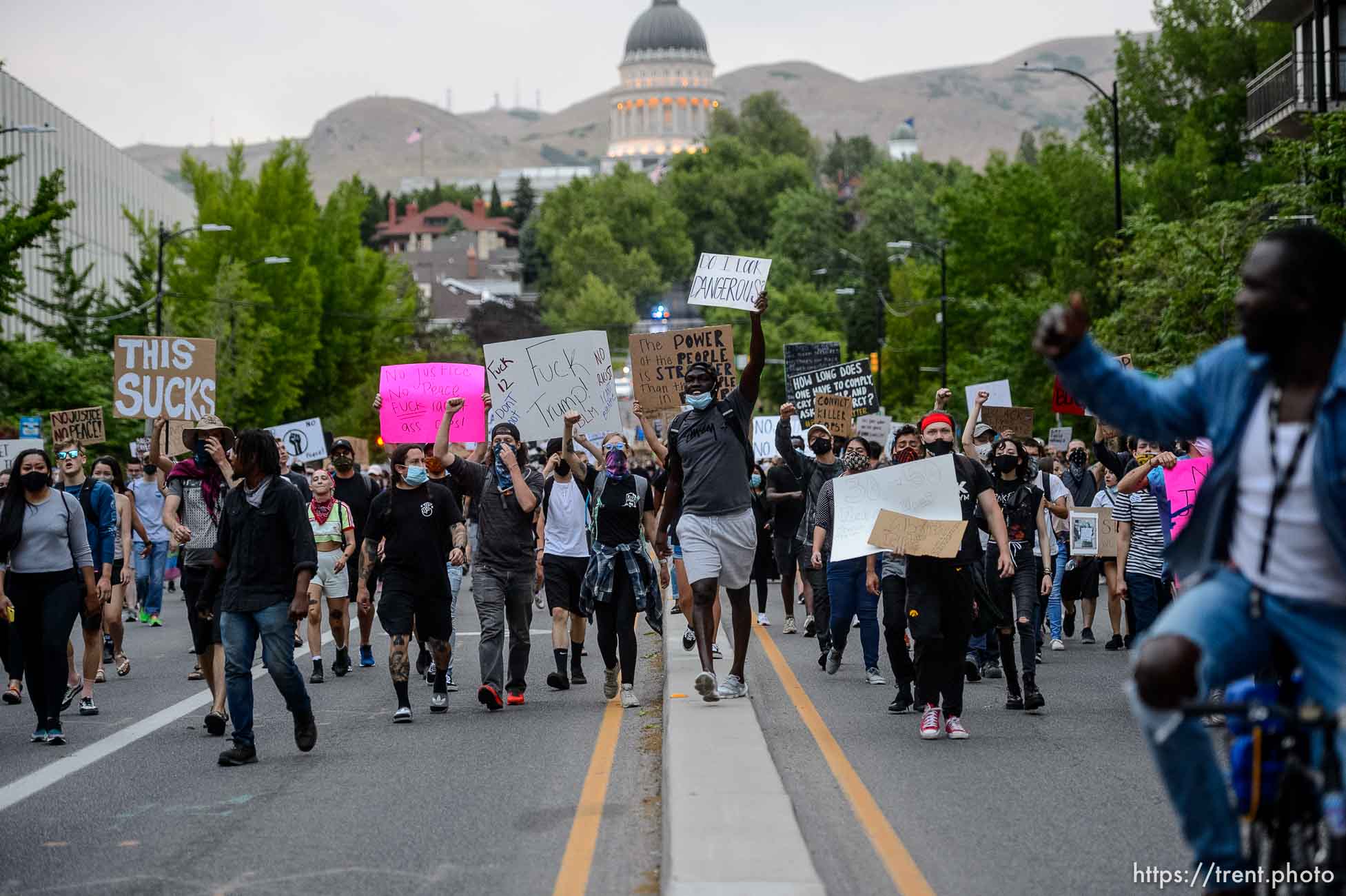 (Trent Nelson  |  The Salt Lake Tribune) Protesters march against police brutality rally down State Street in Salt Lake City on Friday, June 5, 2020.