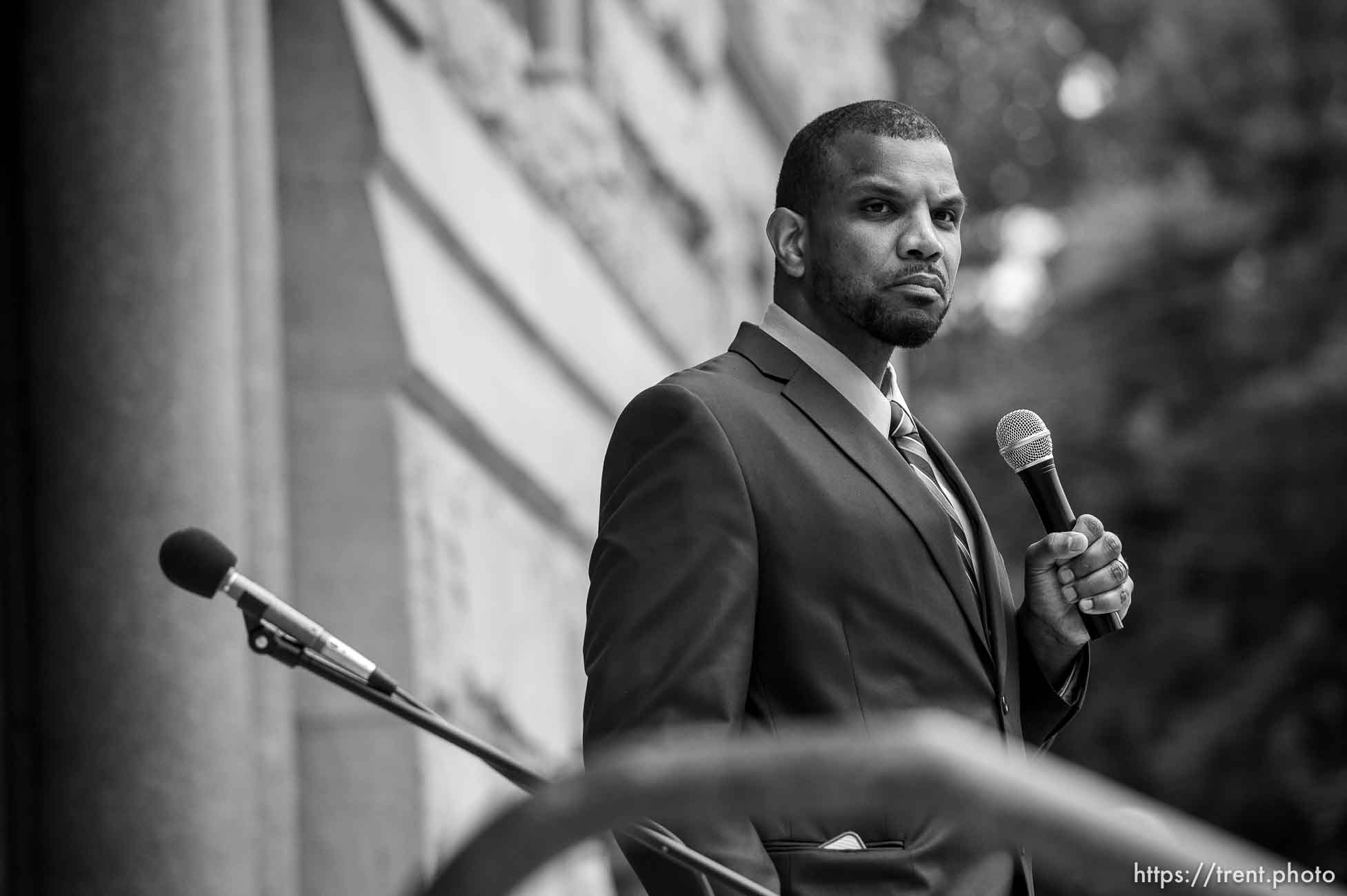 (Trent Nelson  |  The Salt Lake Tribune) Kamaal S. Ahmad speaks at a rally in Salt Lake City on Saturday, June 6, 2020.