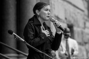 (Trent Nelson  |  The Salt Lake Tribune) Mayor Erin Mendenhall speaks at a rally in Salt Lake City on Saturday, June 6, 2020.