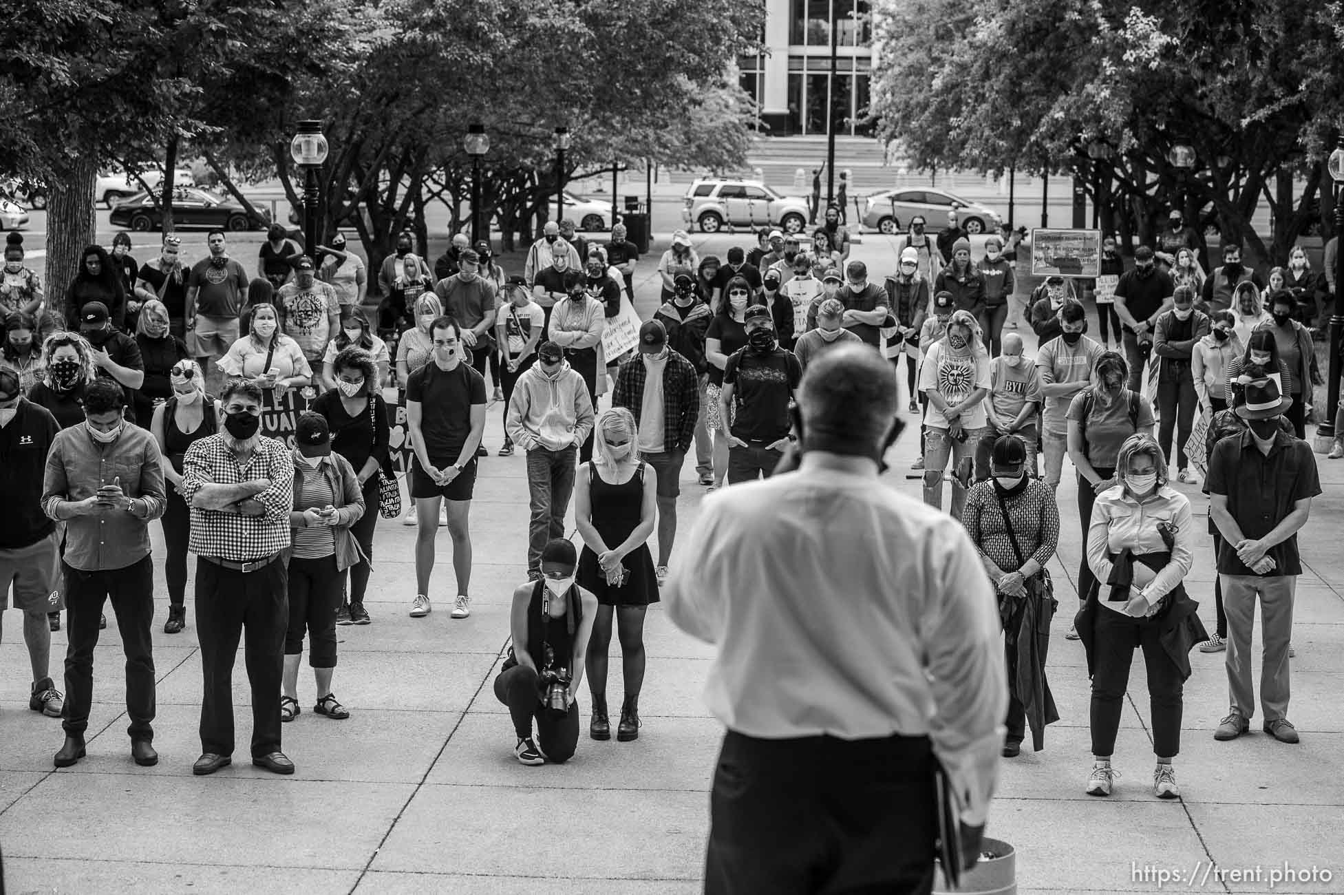 (Trent Nelson  |  The Salt Lake Tribune) Pastor France Davis leads a moment of silence at a rally in Salt Lake City on Saturday, June 6, 2020.