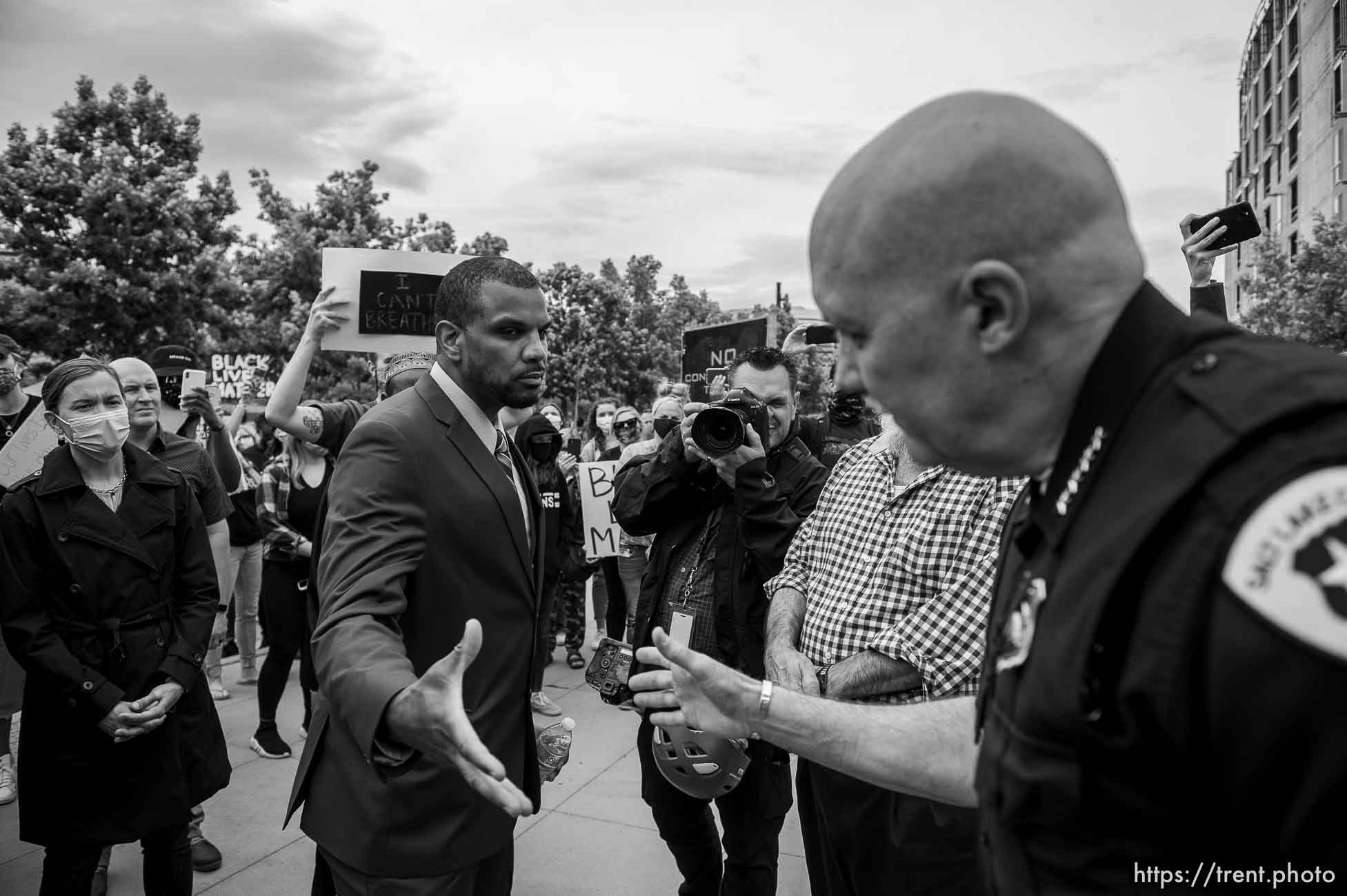 (Trent Nelson  |  The Salt Lake Tribune) Kamaal S. Ahmad shakes hands with Salt Lake City Police Chief Mike Brown following a rally in Salt Lake City on Saturday, June 6, 2020.