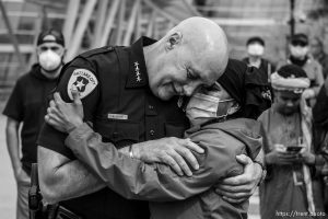 (Trent Nelson  |  The Salt Lake Tribune) Fatima Dirie embraces Salt Lake City Police Chief Mike Brown following a rally in Salt Lake City on Saturday, June 6, 2020.