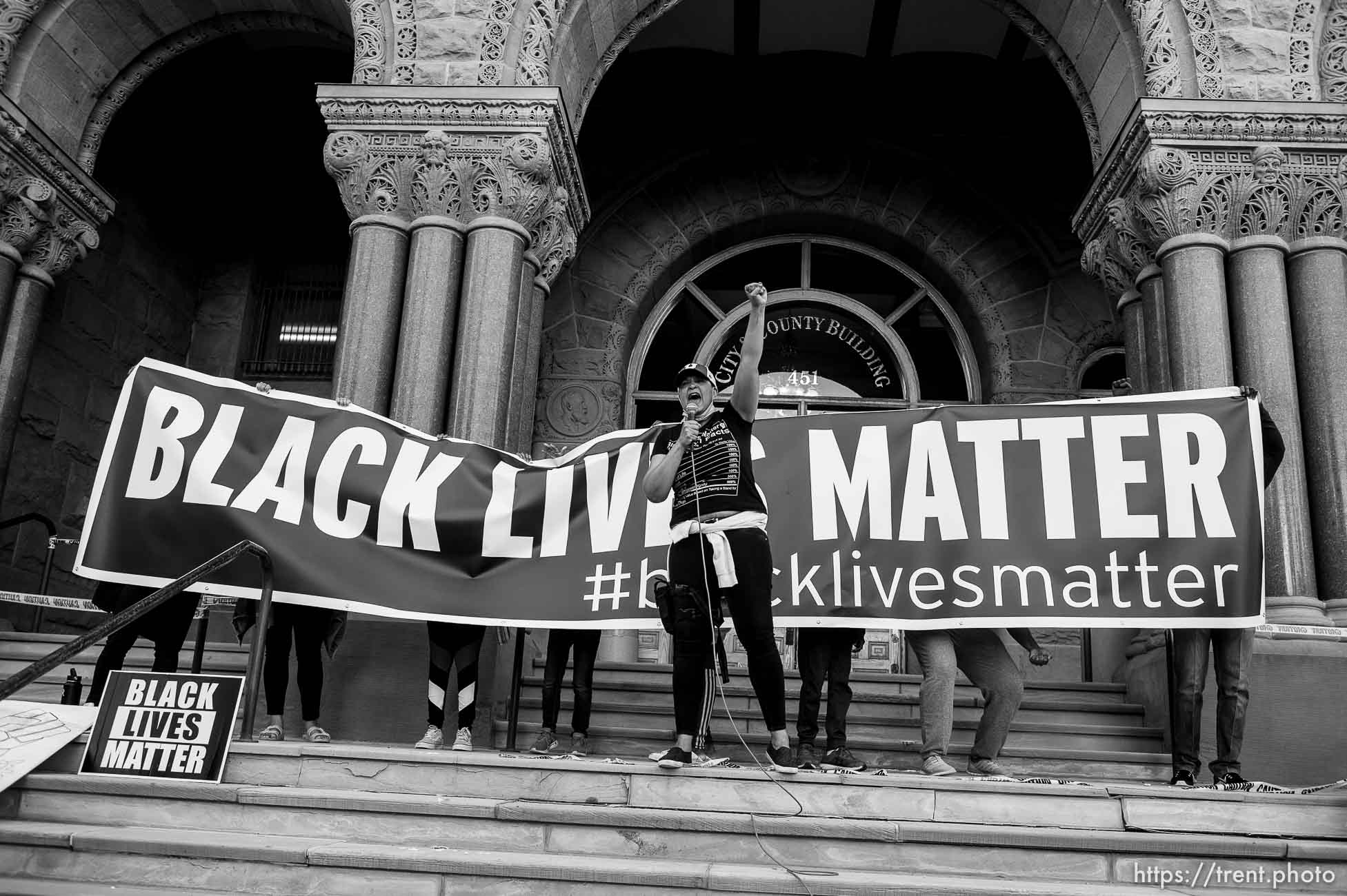 (Trent Nelson  |  The Salt Lake Tribune) Lex Scott speaks at a Black Lives Matter protest at City Hall Salt Lake City on Wednesday, June 10, 2020.