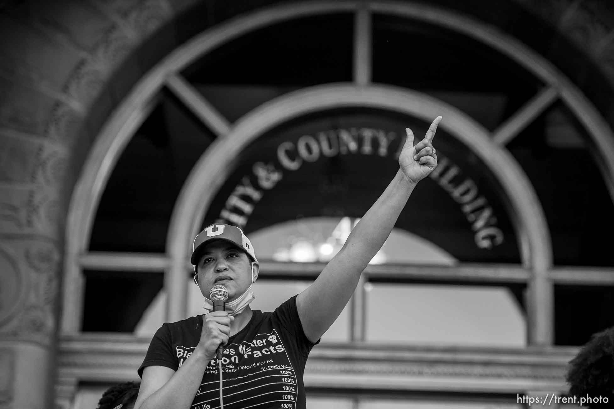 (Trent Nelson  |  The Salt Lake Tribune) Lex Scott speaks at a Black Lives Matter protest at City Hall Salt Lake City on Wednesday, June 10, 2020.