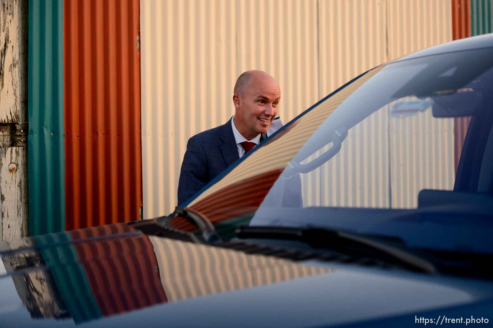 (Trent Nelson  |  The Salt Lake Tribune) Utah Republican gubernatorial candidate Lt. Gov. Spencer Cox greets supporters arriving at an election night event in Mount Pleasant on Tuesday, June 30, 2020.