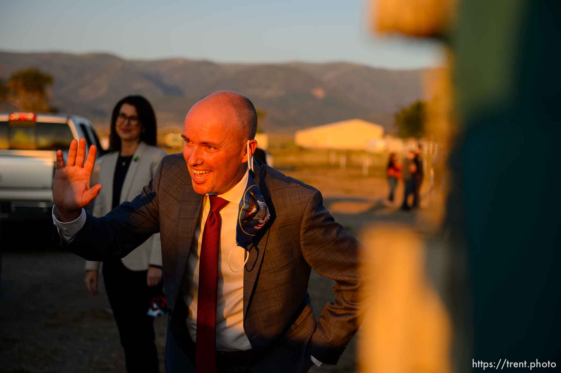 (Trent Nelson  |  The Salt Lake Tribune) Utah Republican gubernatorial candidate Lt. Gov. Spencer Cox greets supporters arriving to an election night event in Mount Pleasant on Tuesday, June 30, 2020. At rear is Sen. Deidre Henderson, R-Spanish Fork.