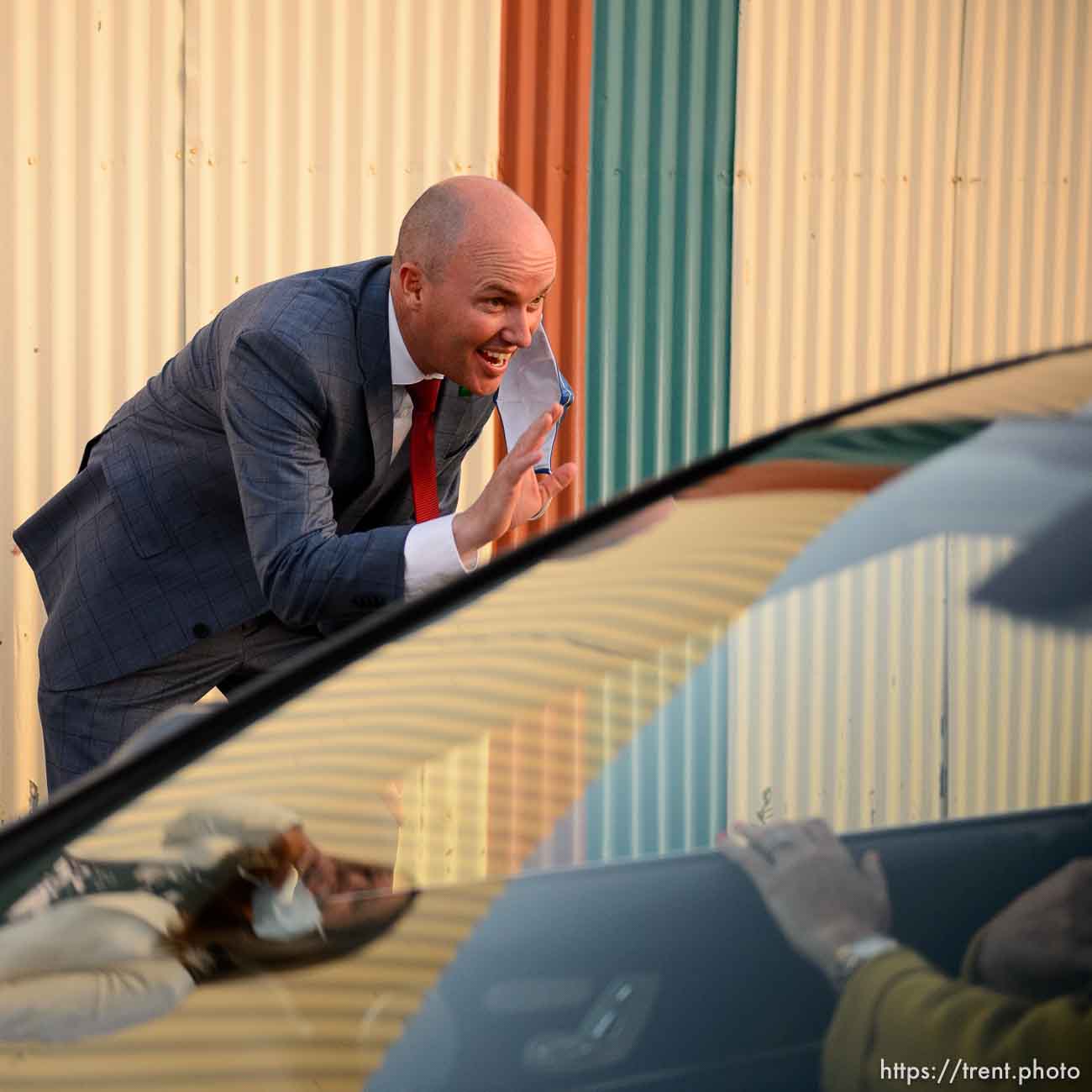 (Trent Nelson  |  The Salt Lake Tribune) Utah Republican gubernatorial candidate Lt. Gov. Spencer Cox and his wife Abby greet supporters arriving to an election night event in Mount Pleasant on Tuesday, June 30, 2020.