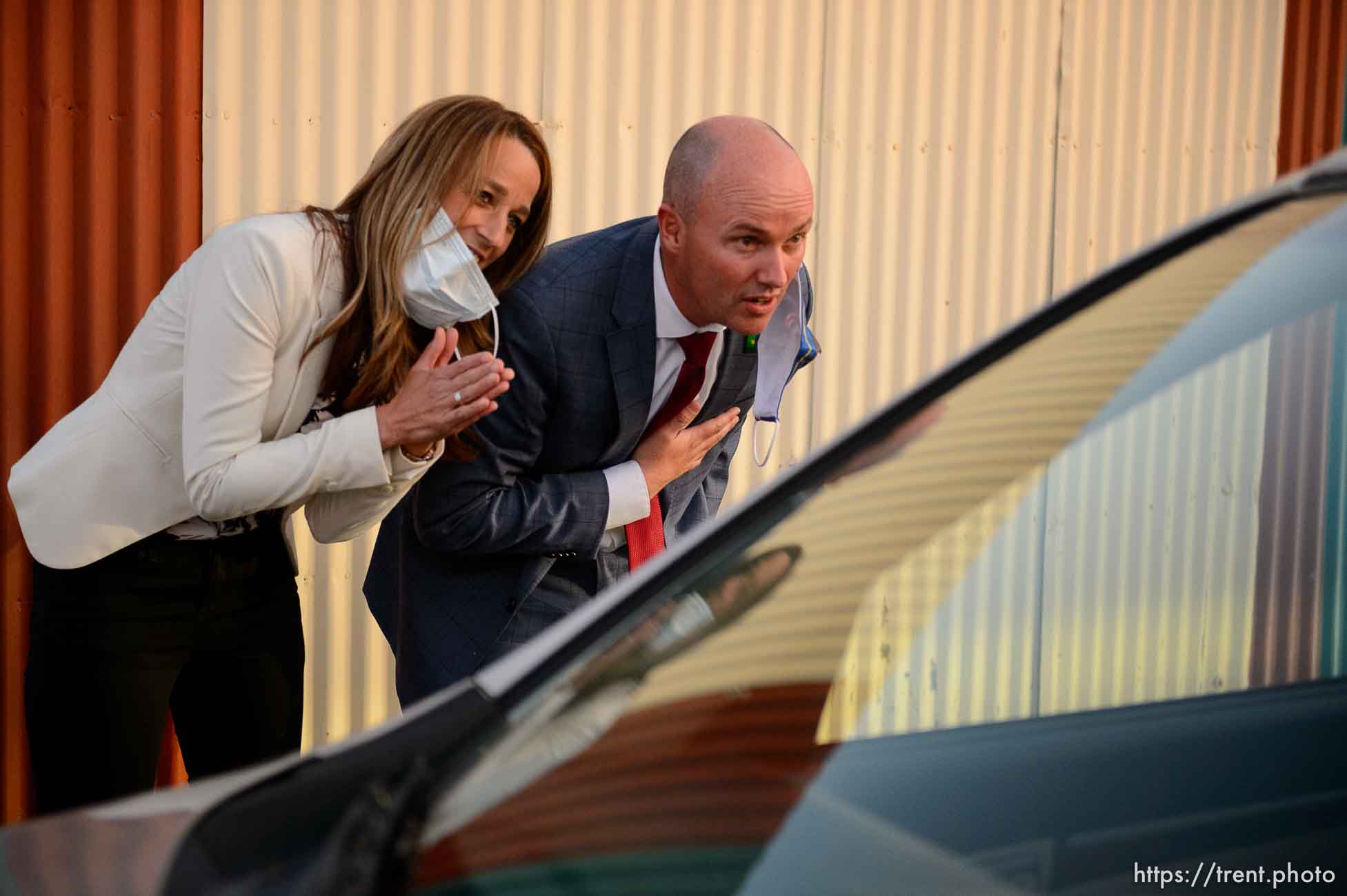 (Trent Nelson  |  The Salt Lake Tribune) Utah Republican gubernatorial candidate Lt. Gov. Spencer Cox and his wife Abby thanks supporters arriving to an election night event in Mount Pleasant on Tuesday, June 30, 2020.