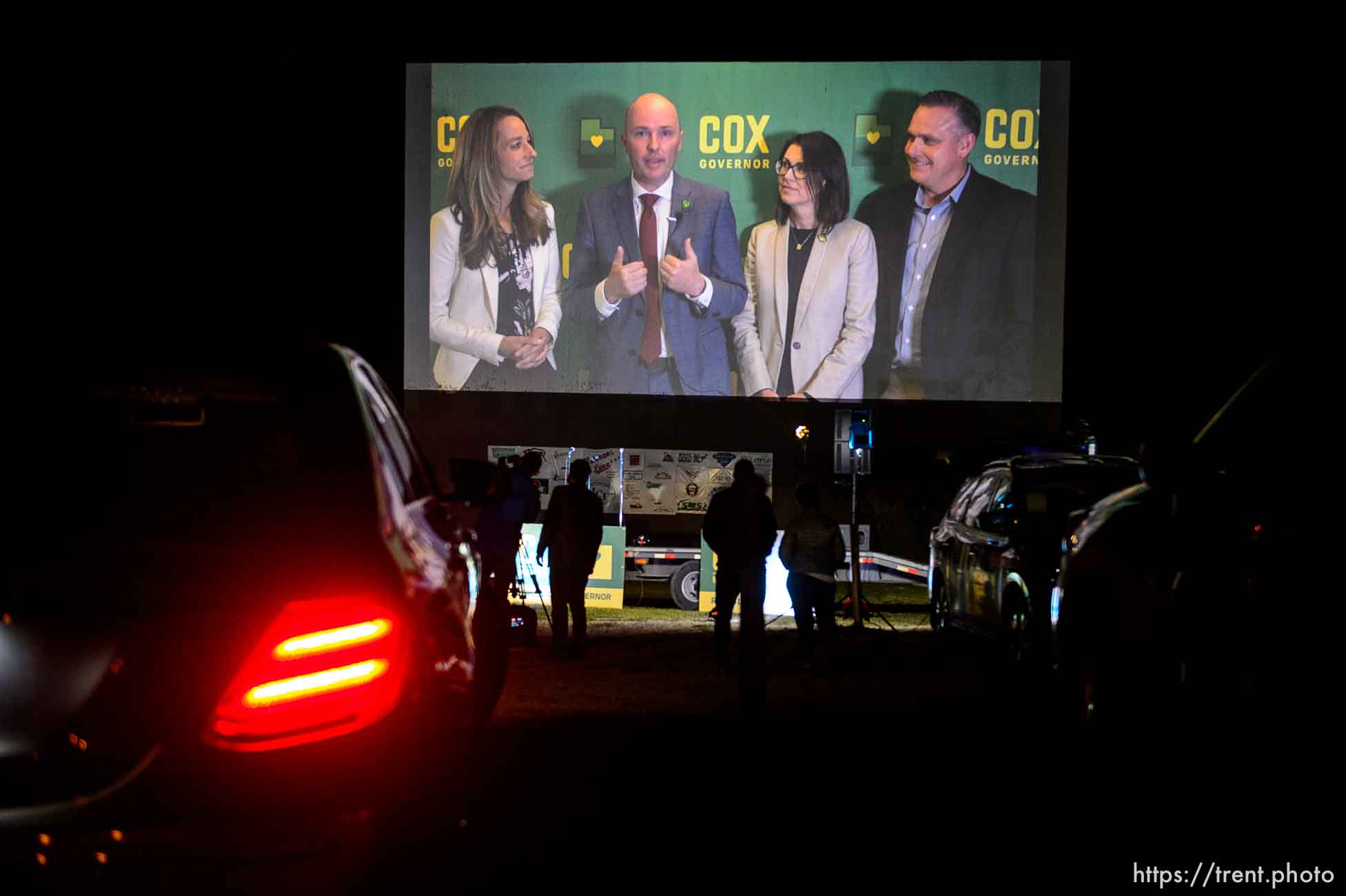 (Trent Nelson  |  The Salt Lake Tribune) Utah Republican gubernatorial candidate Lt. Gov. Spencer Cox appears on the screen at the Basin Drive In Theater in Mount Pleasant on Tuesday, June 30, 2020. Abby Cox, Spencer Cox, Sen. Deidre Henderson, R-Spanish Fork, Dave Henderson.