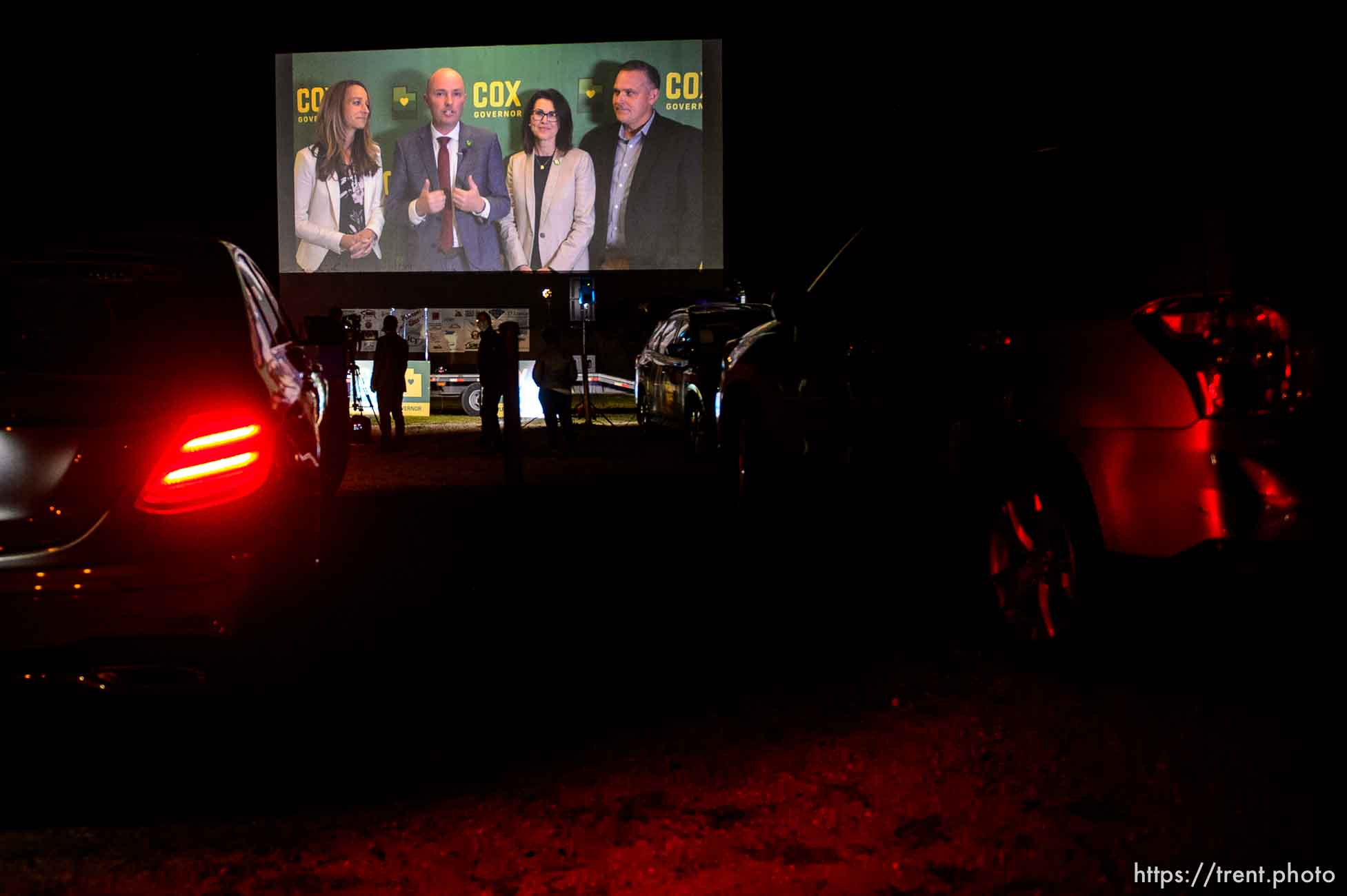 (Trent Nelson  |  The Salt Lake Tribune) Utah Republican gubernatorial candidate Lt. Gov. Spencer Cox appears on the screen at the Basin Drive In Theater in Mount Pleasant on Tuesday, June 30, 2020. Abby Cox, Spencer Cox, Sen. Deidre Henderson, R-Spanish Fork, Dave Henderson.