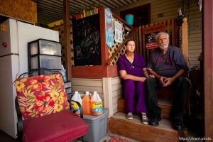 (Trent Nelson  |  The Salt Lake Tribune) Inge and Gary Richins at their home of twenty years in Centerville Mobile Estates in Centerville on Monday, July 13, 2020. The residents of the community face eviction due to a possible sale of the property.