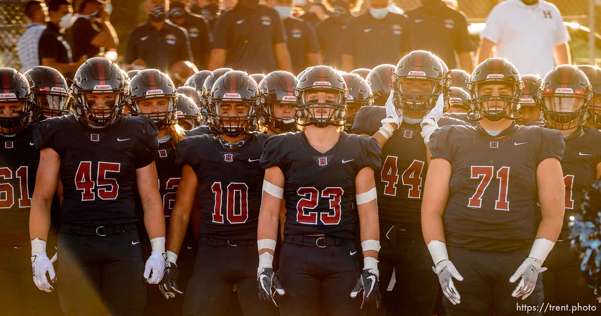 (Trent Nelson  |  The Salt Lake Tribune) Herriman players prepare to face Davis in a high school football game in Herriman on Thursday, Aug. 13, 2020.