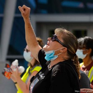 (Trent Nelson  |  The Salt Lake Tribune)  Bobbie Santiago, mother of Riche Antonio Santiago, speaks at a rally against police brutality at the Public Safety Building in Salt Lake City on Saturday, Aug. 15, 2020.