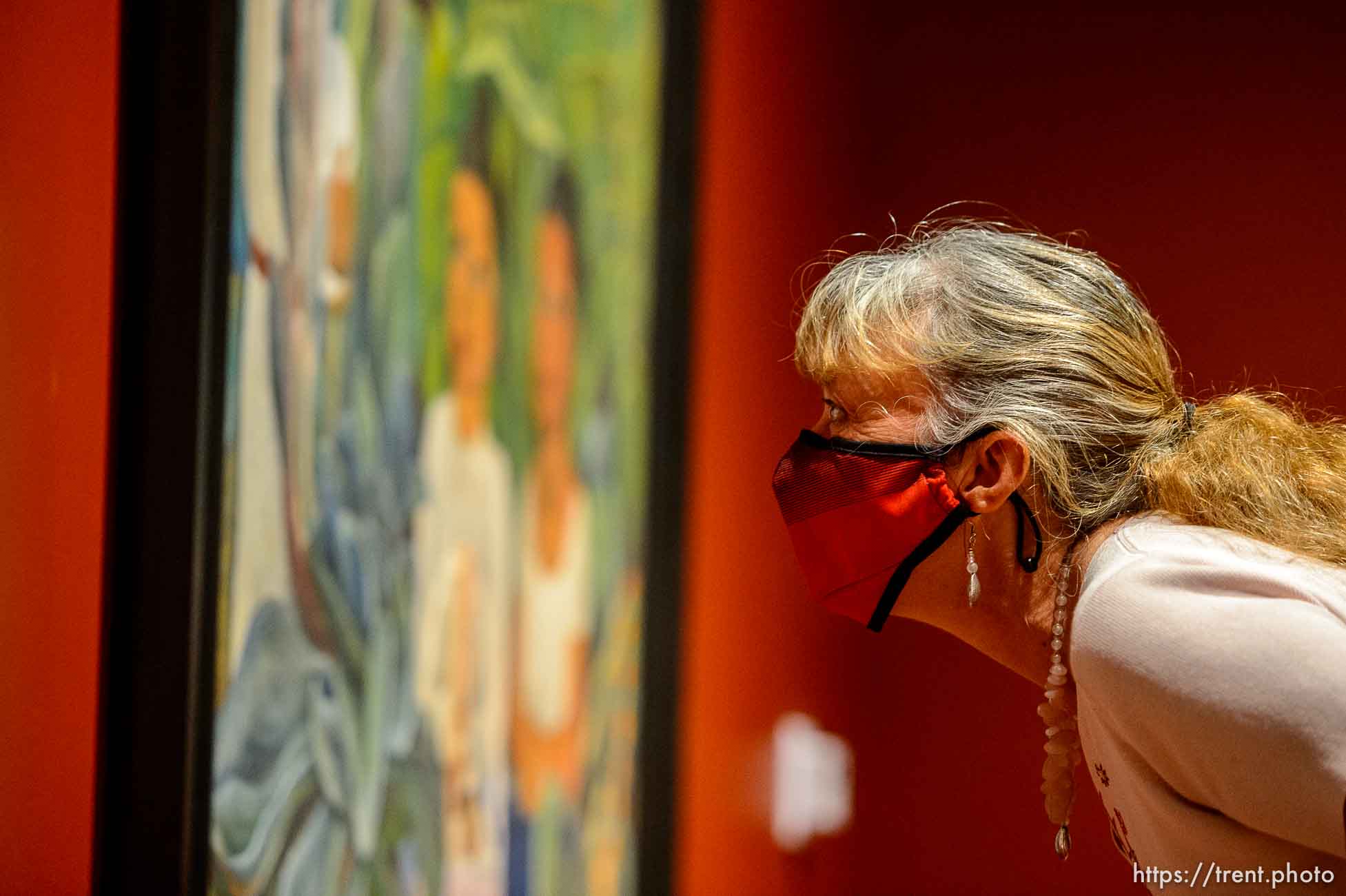 (Trent Nelson  |  The Salt Lake Tribune) Shari Lindsey looks at Diego Rivera’s La ofrenda as Utah Museum of Fine Arts in Salt Lake City opens for the first time in five months, with new COVID-19 restrictions in place, on Wednesday, Aug. 26, 2020.