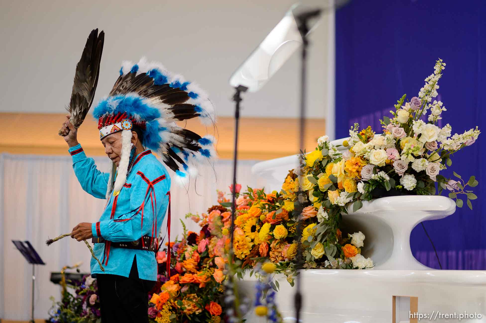 (Trent Nelson  |  The Salt Lake Tribune) Ute spiritual leader Larry Cesspooch offers a blessing of the building at The New SLC Unveil Ceremony, where the new Salt Lake City International Airport was shown off on Thursday, Aug. 27, 2020.