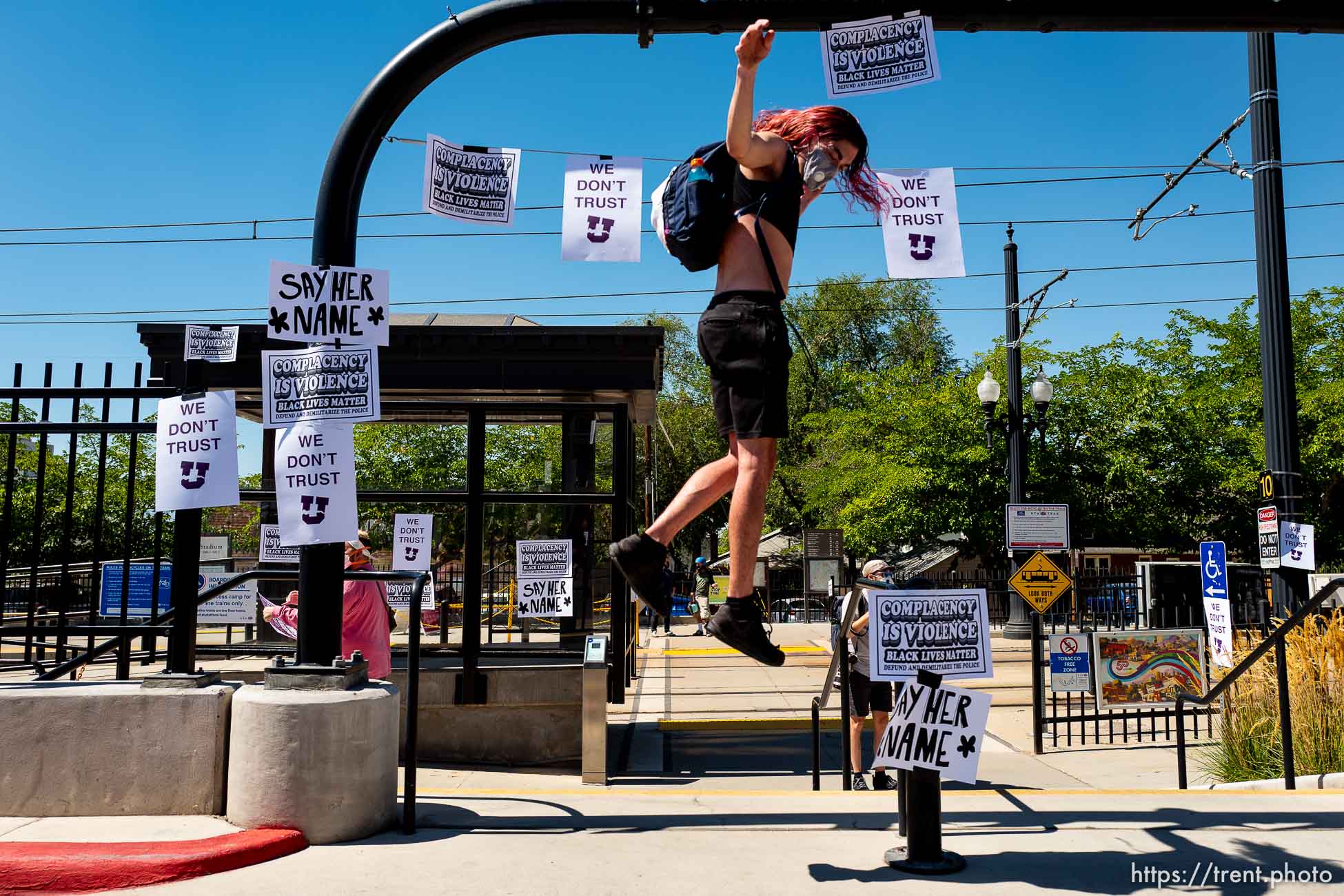 (Trent Nelson  |  The Salt Lake Tribune) Protesters taped posters at the University of Utah in Salt Lake City on Thursday, Sept. 3, 2020. The protest called  for President Ruth Watkins to resign and for the campus police department to be dissolved..