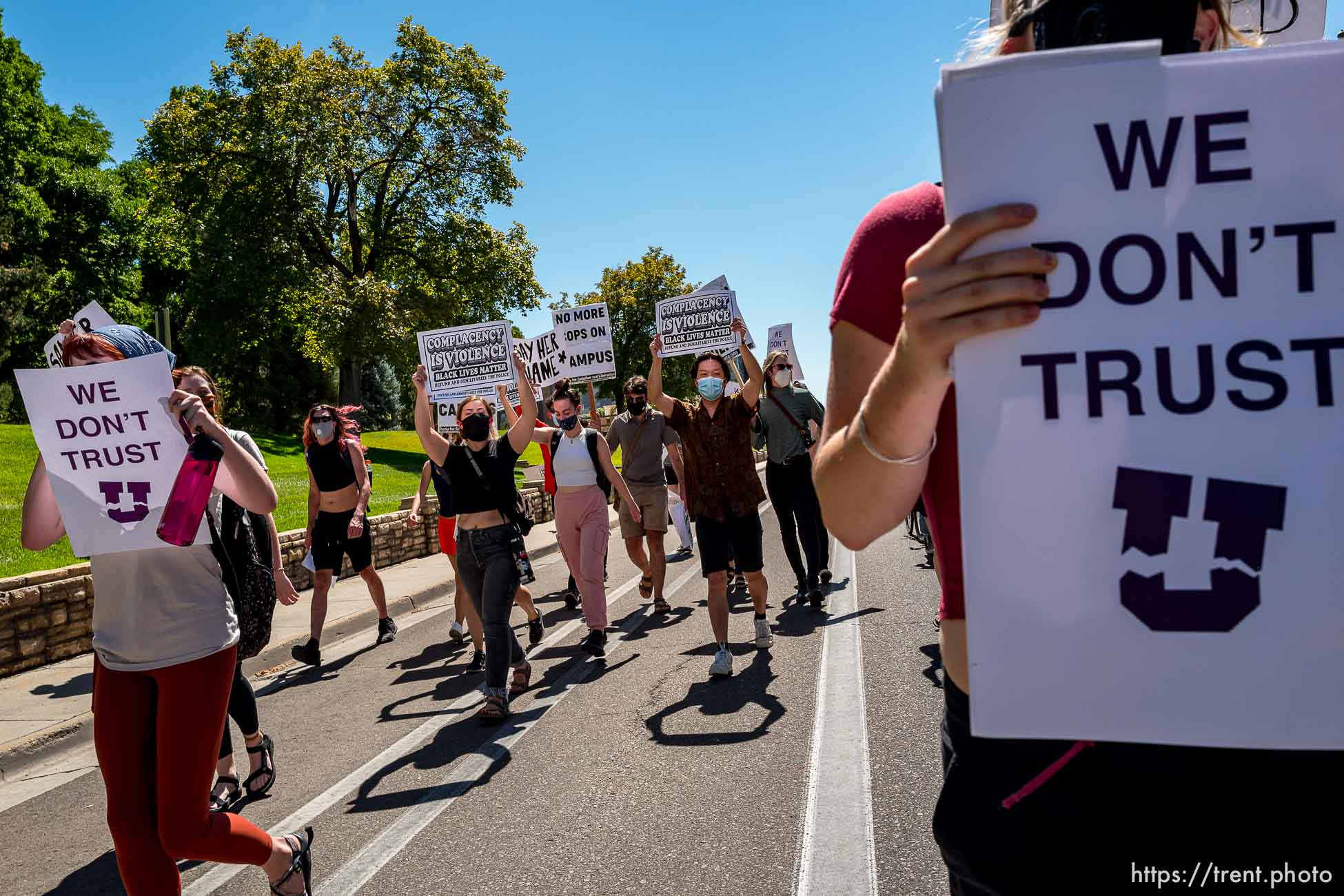 (Trent Nelson  |  The Salt Lake Tribune) Protesters march at the University of Utah in Salt Lake City on Thursday, Sept. 3, 2020. The protest called  for President Ruth Watkins to resign and for the campus police department to be dissolved..