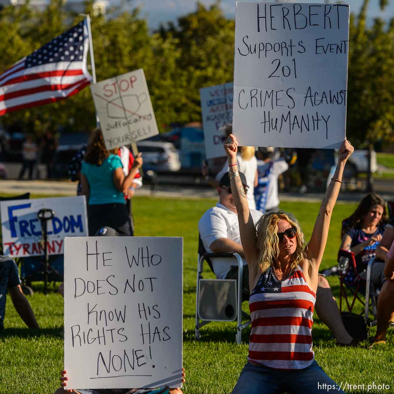 (Trent Nelson  |  The Salt Lake Tribune) A rally protesting government mask mandates at the State Capitol inSalt Lake City on Saturday, Sept. 5, 2020.