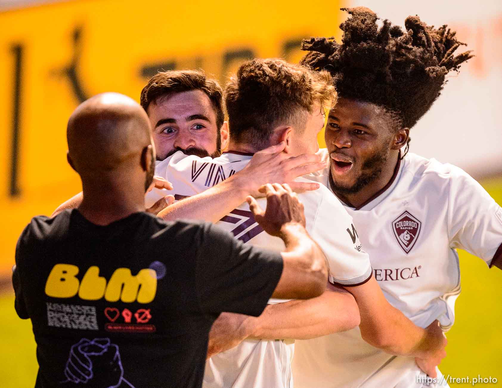 (Trent Nelson  |  The Salt Lake Tribune) Colorado Rapids defender Sam Vines (13) celebrates a goal as Real Salt Lake hosts the Colorado Rapids at Rio Tinto Stadium in Sandy on Saturday, Sept. 12, 2020.