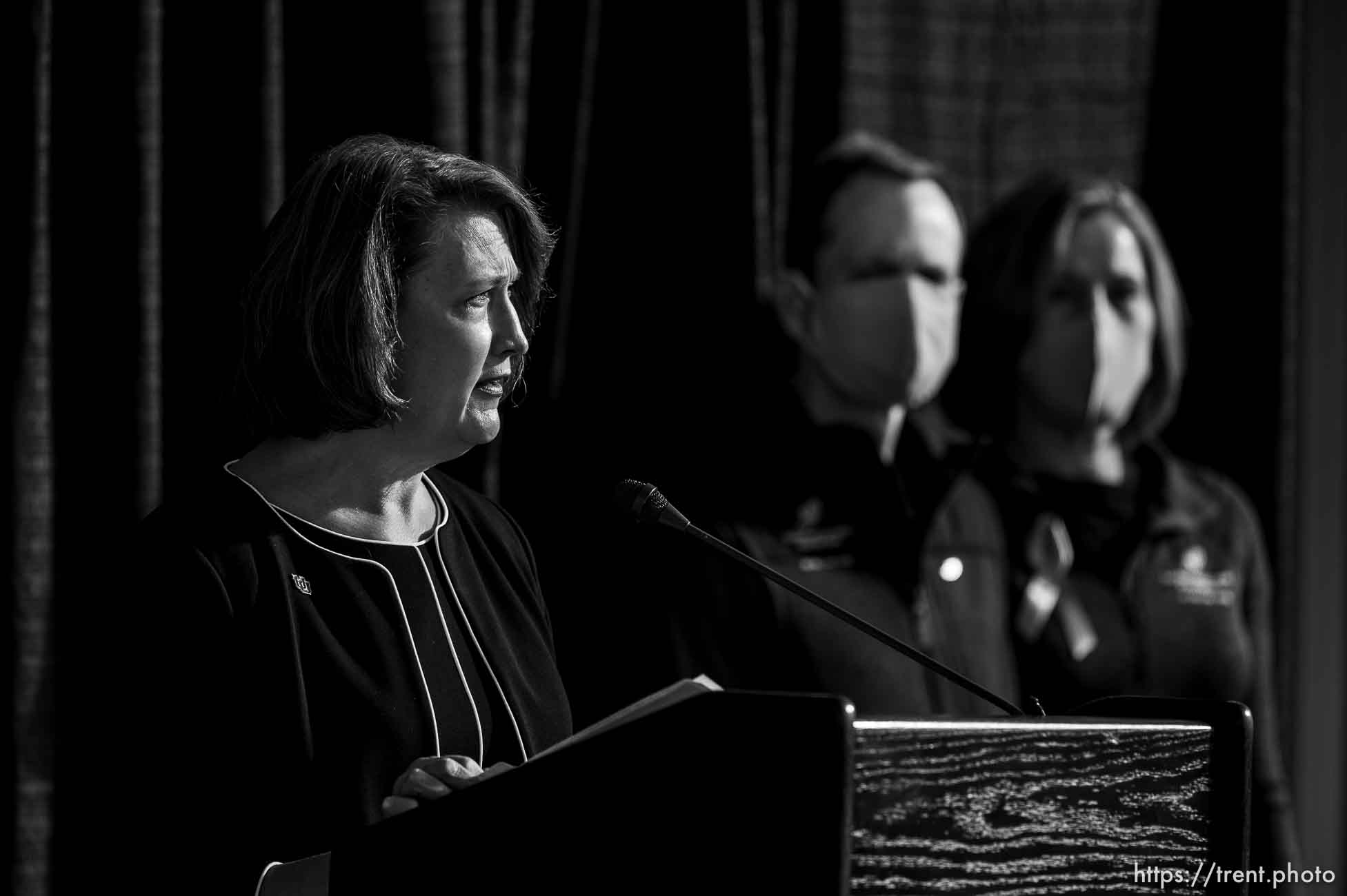 (Trent Nelson  |  The Salt Lake Tribune) University of Utah President Ruth Watkins speaks as the family of Lauren McCluskey announces a settlement of their lawsuit against the University of Utah, in Salt Lake City on Thursday, Oct. 22, 2020. Matt and Jill McCluskey are at right.