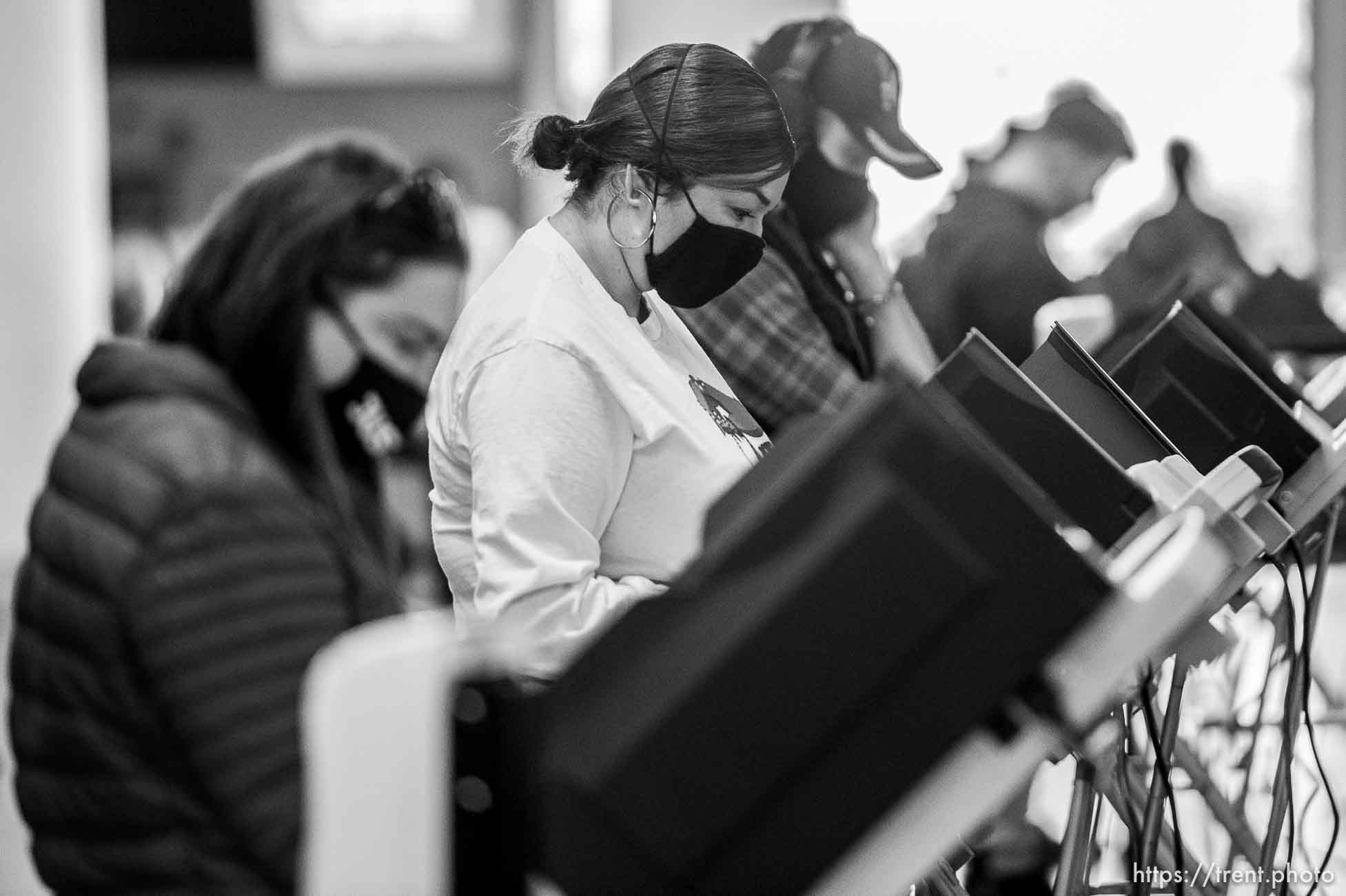 (Trent Nelson  |  The Salt Lake Tribune) Voters at Vivint Smart Home Arena in Salt Lake City on election day, Tuesday, Nov. 3, 2020.