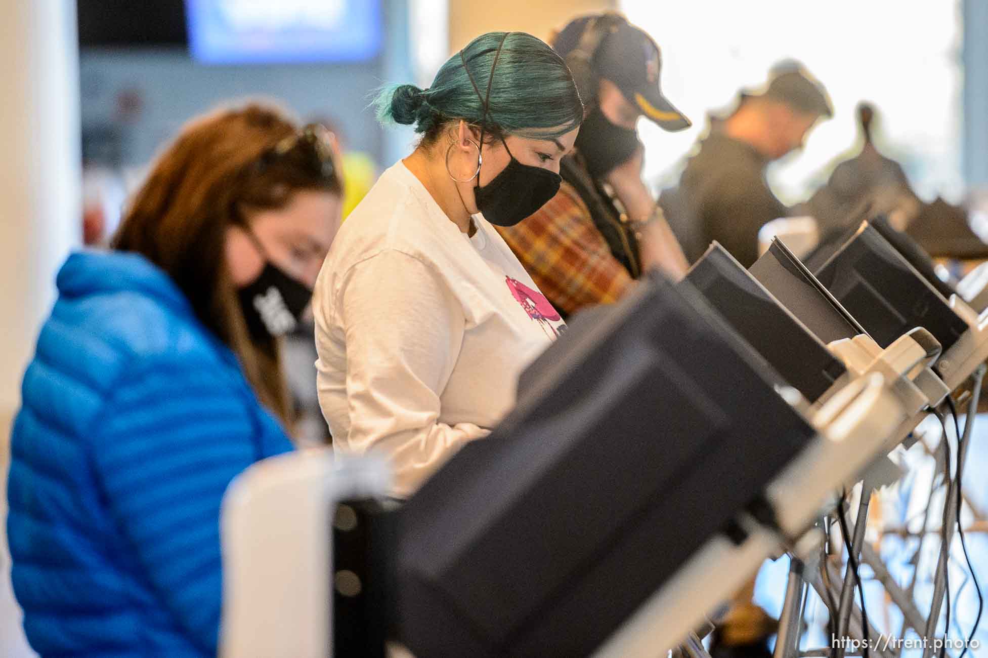 (Trent Nelson  |  The Salt Lake Tribune) Voters at Vivint Smart Home Arena in Salt Lake City on election day, Tuesday, Nov. 3, 2020.