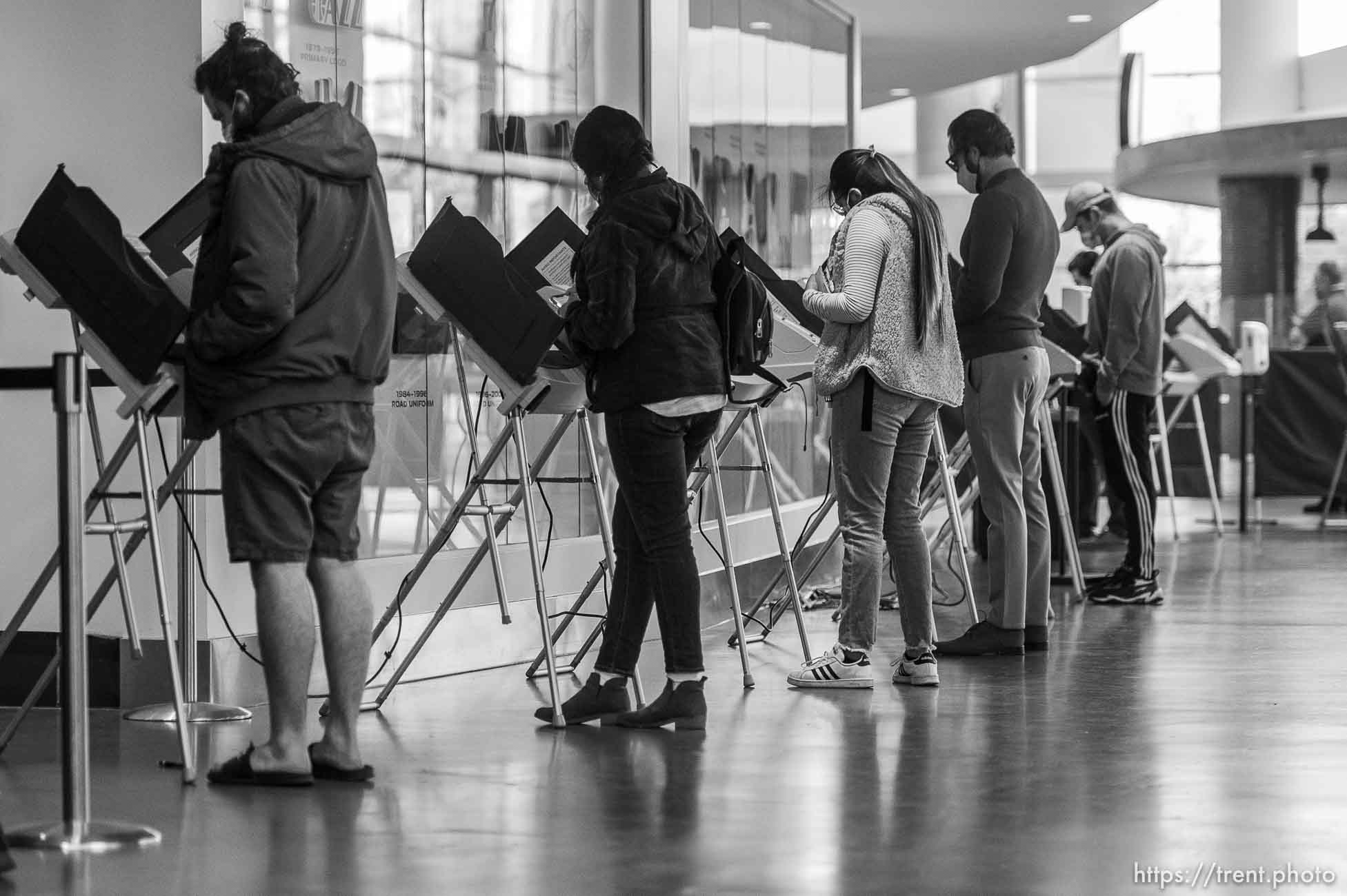 (Trent Nelson  |  The Salt Lake Tribune) Voters at Vivint Smart Home Arena in Salt Lake City on election day, Tuesday, Nov. 3, 2020.