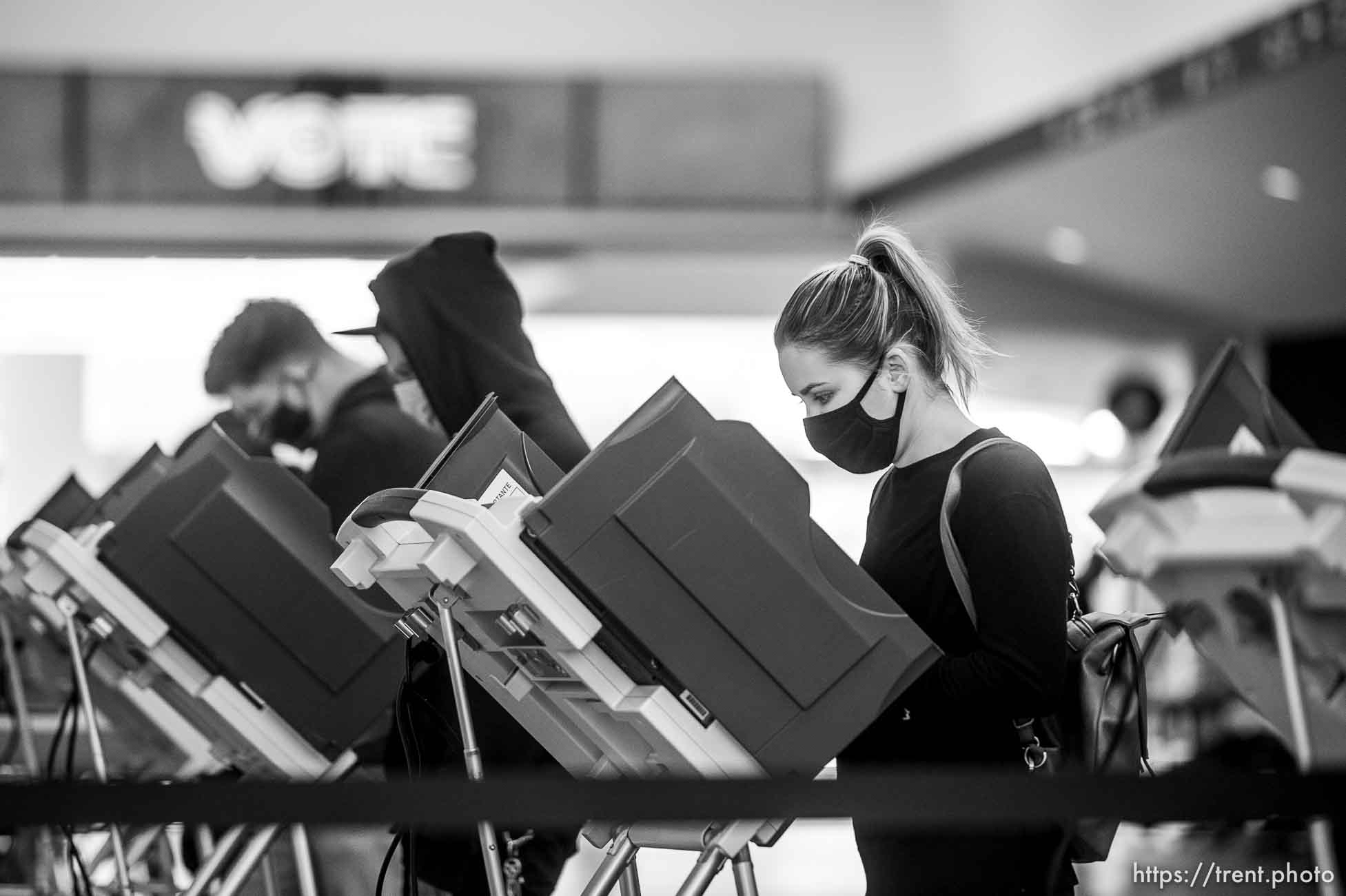 (Trent Nelson  |  The Salt Lake Tribune) Voters at Vivint Smart Home Arena in Salt Lake City on election day, Tuesday, Nov. 3, 2020.