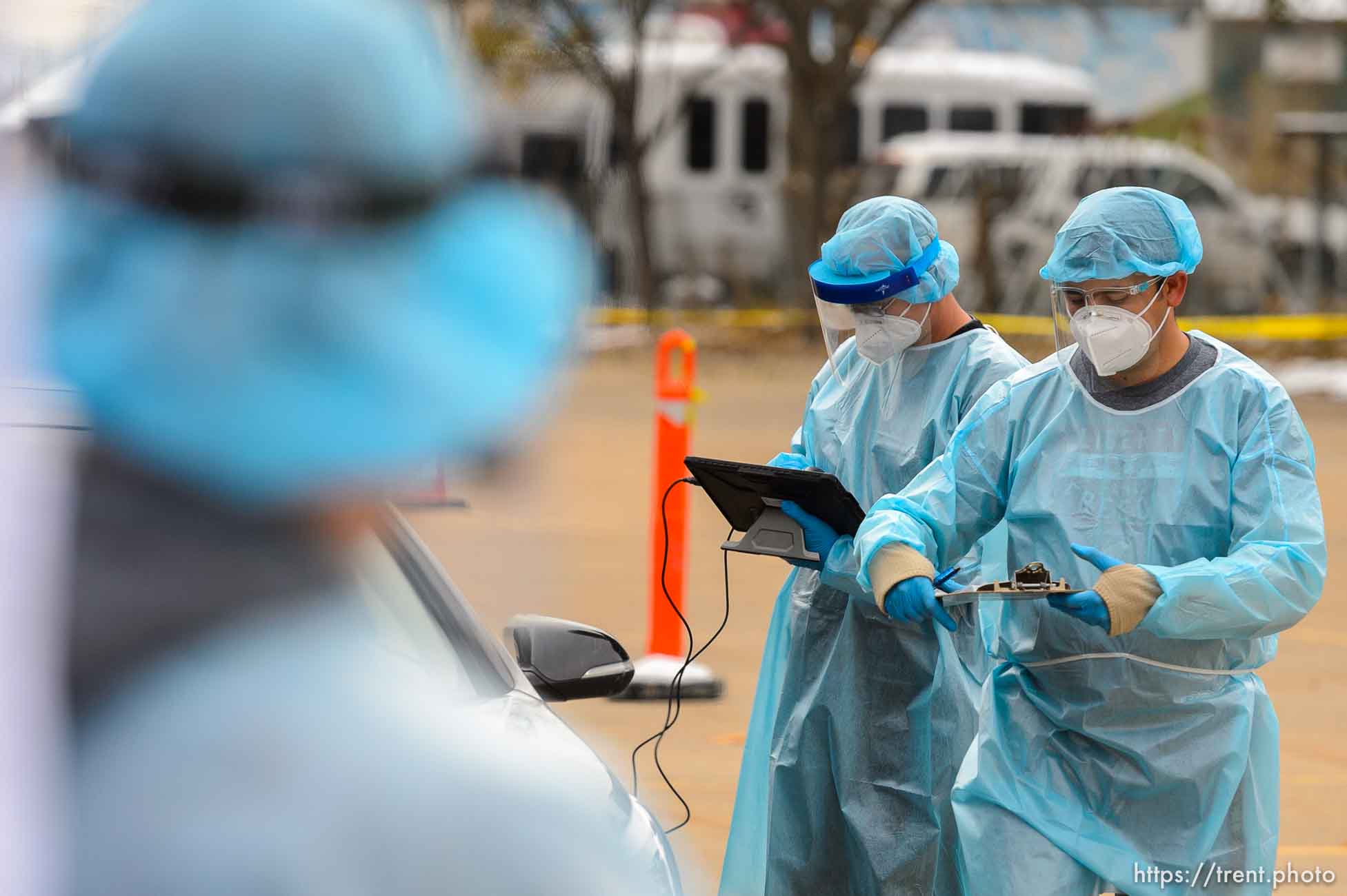 (Trent Nelson  |  The Salt Lake Tribune) Testing at the Utah National Guard’s mobile testing site for COVID-19 in Salt Lake City on Tuesday, Nov. 10, 2020.