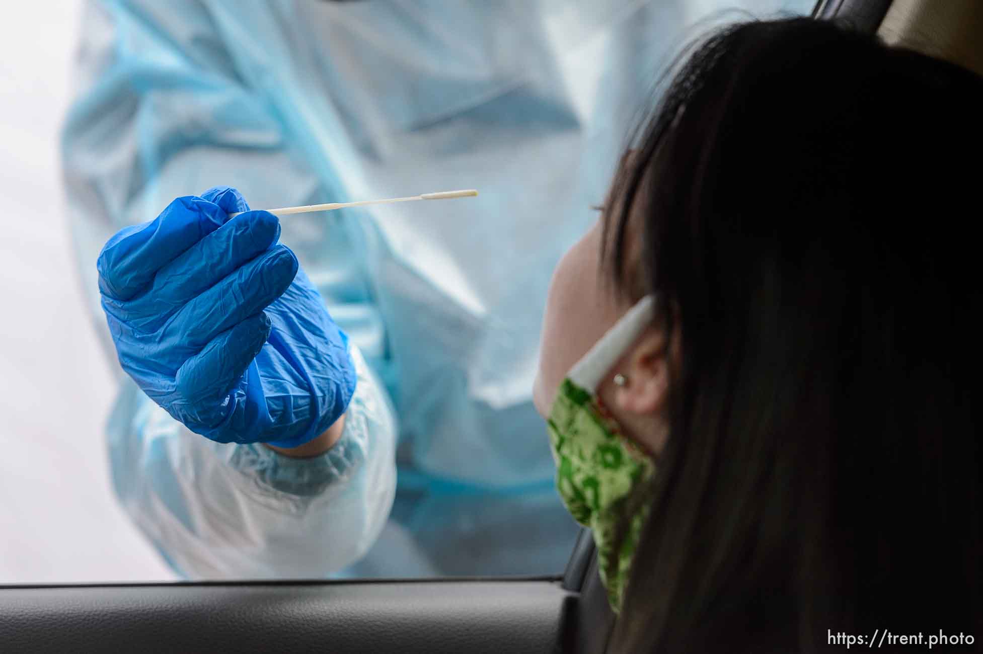 (Trent Nelson  |  The Salt Lake Tribune) Lindsey Liddell is tested at the Utah National Guard’s mobile testing site for COVID-19 in Salt Lake City on Tuesday, Nov. 10, 2020.