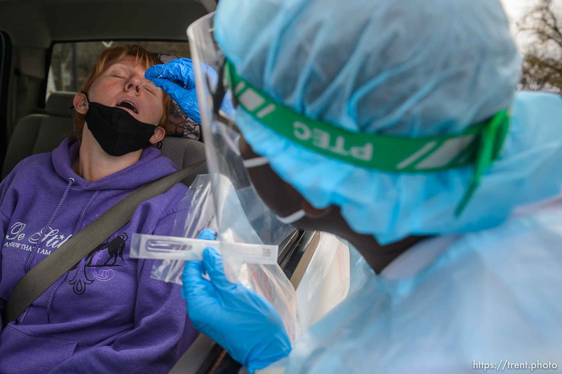 (Trent Nelson  |  The Salt Lake Tribune) Evandro Semedo tests Kellie Larsen at the Utah National Guard’s mobile testing site for COVID-19 in Salt Lake City on Tuesday, Nov. 10, 2020.