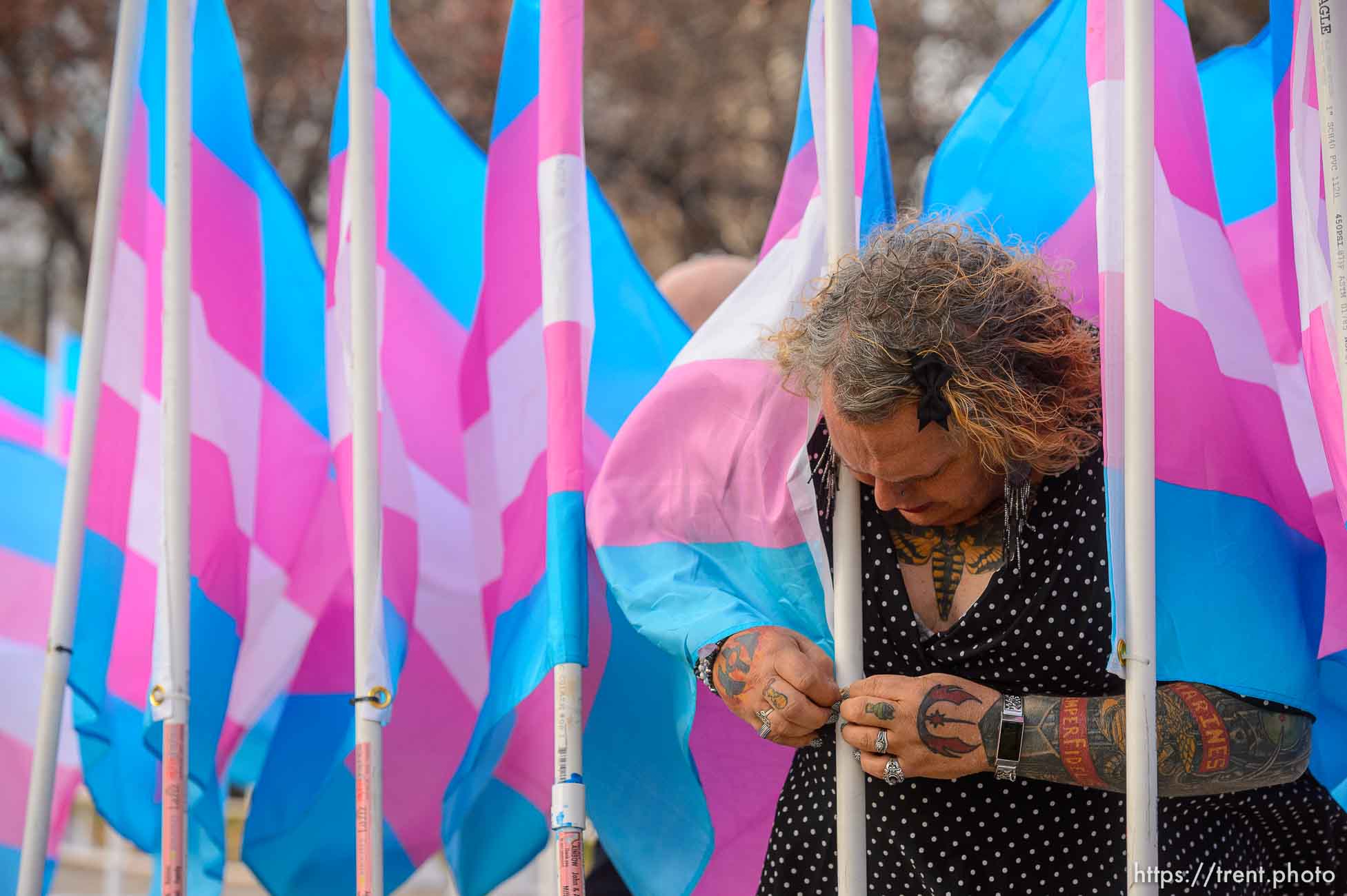 (Trent Nelson  |  The Salt Lake Tribune) Tisha Olsen of Project Rainbow sets up Trans Pride flags to mark Transgender Awareness Week at City Hall in Salt Lake City on Tuesday, Nov. 17, 2020. Each of the more than 300 Trans Pride flags stands in remembrance of a transgender person murdered in the last year.