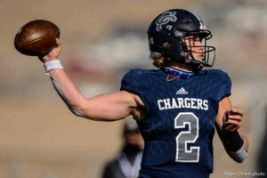 (Trent Nelson  |  The Salt Lake Tribune) Corner Canyon's Jaxson Dart during the 6A state football championship game against Lone Peak at Cedar Valley High School in Eagle Mountain on Friday, Nov. 20, 2020.