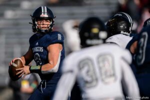 (Trent Nelson  |  The Salt Lake Tribune) Corner Canyon's Jaxson Dart during the 6A state football championship game against Lone Peak at Cedar Valley High School in Eagle Mountain on Friday, Nov. 20, 2020.