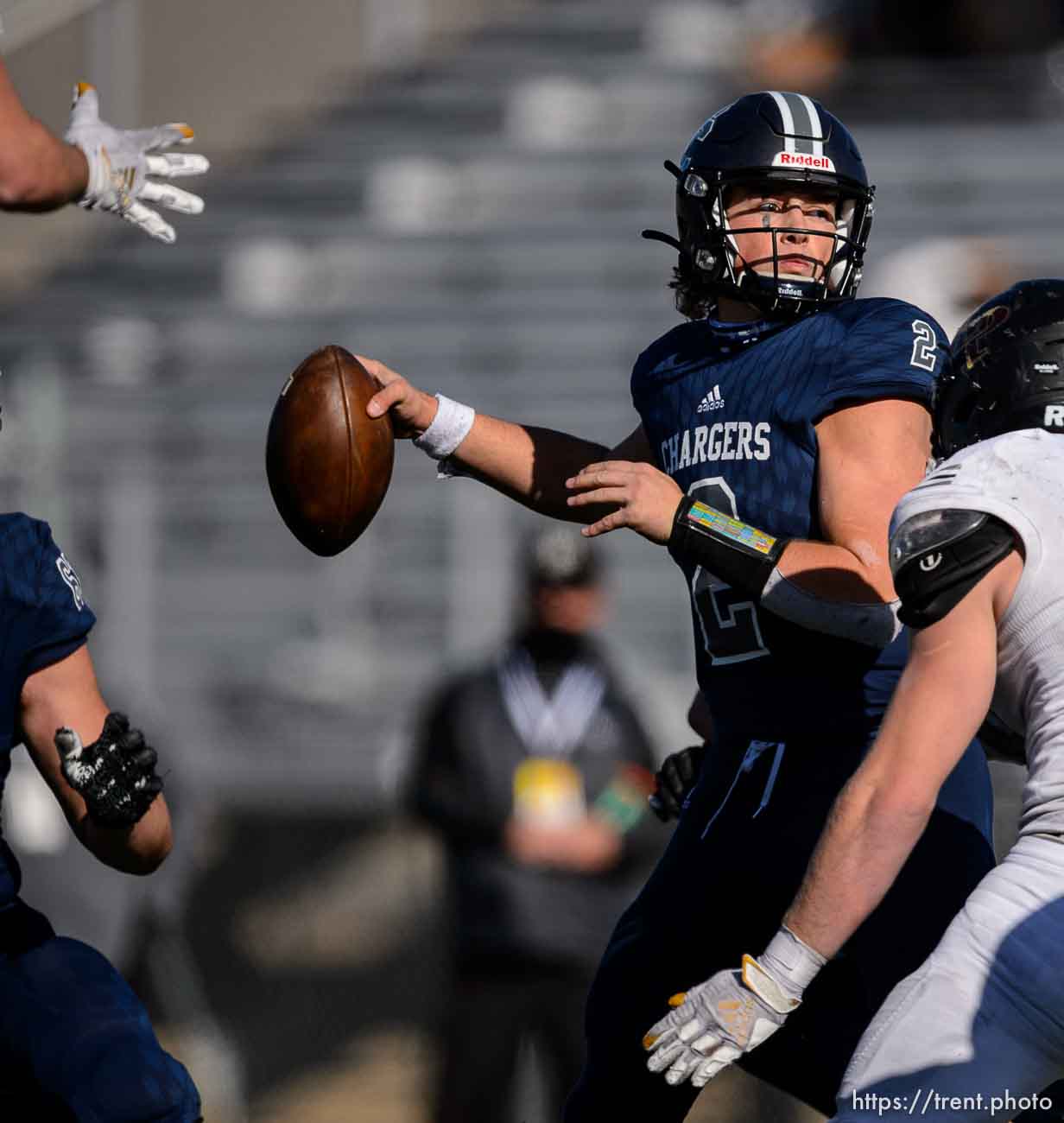 (Trent Nelson  |  The Salt Lake Tribune) Corner Canyon's Jaxson Dart during the 6A state football championship game against Lone Peak at Cedar Valley High School in Eagle Mountain on Friday, Nov. 20, 2020.