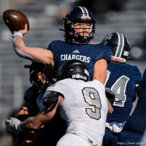 (Trent Nelson  |  The Salt Lake Tribune) Corner Canyon's Jaxson Dart during the 6A state football championship game against Lone Peak at Cedar Valley High School in Eagle Mountain on Friday, Nov. 20, 2020.