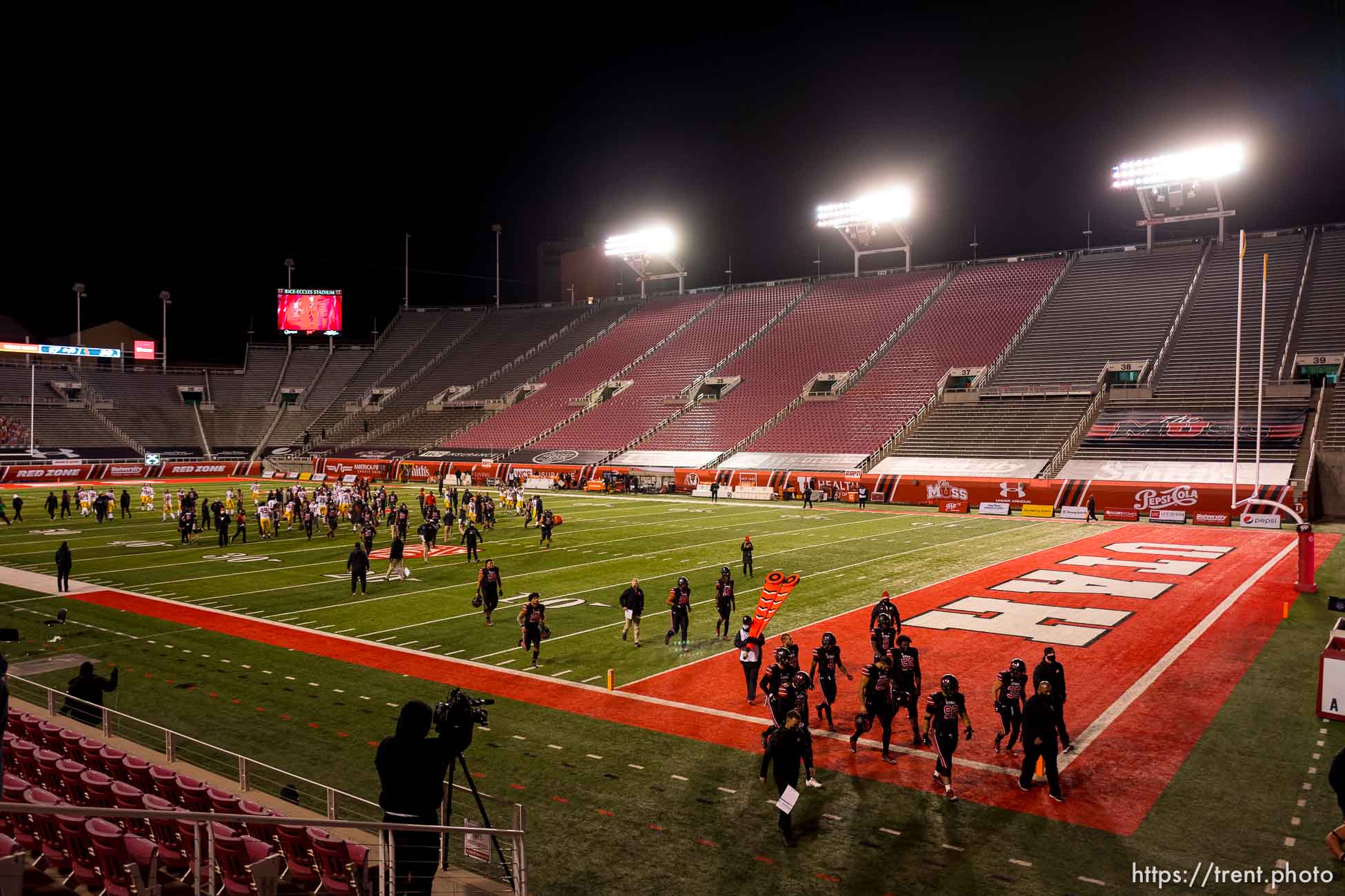 (Trent Nelson  |  The Salt Lake Tribune) Players walk off the field as the Utah Utes lose to the USC Trojans, NCAA football at Rice-Eccles Stadium in Salt Lake City on Saturday, Nov. 21, 2020.