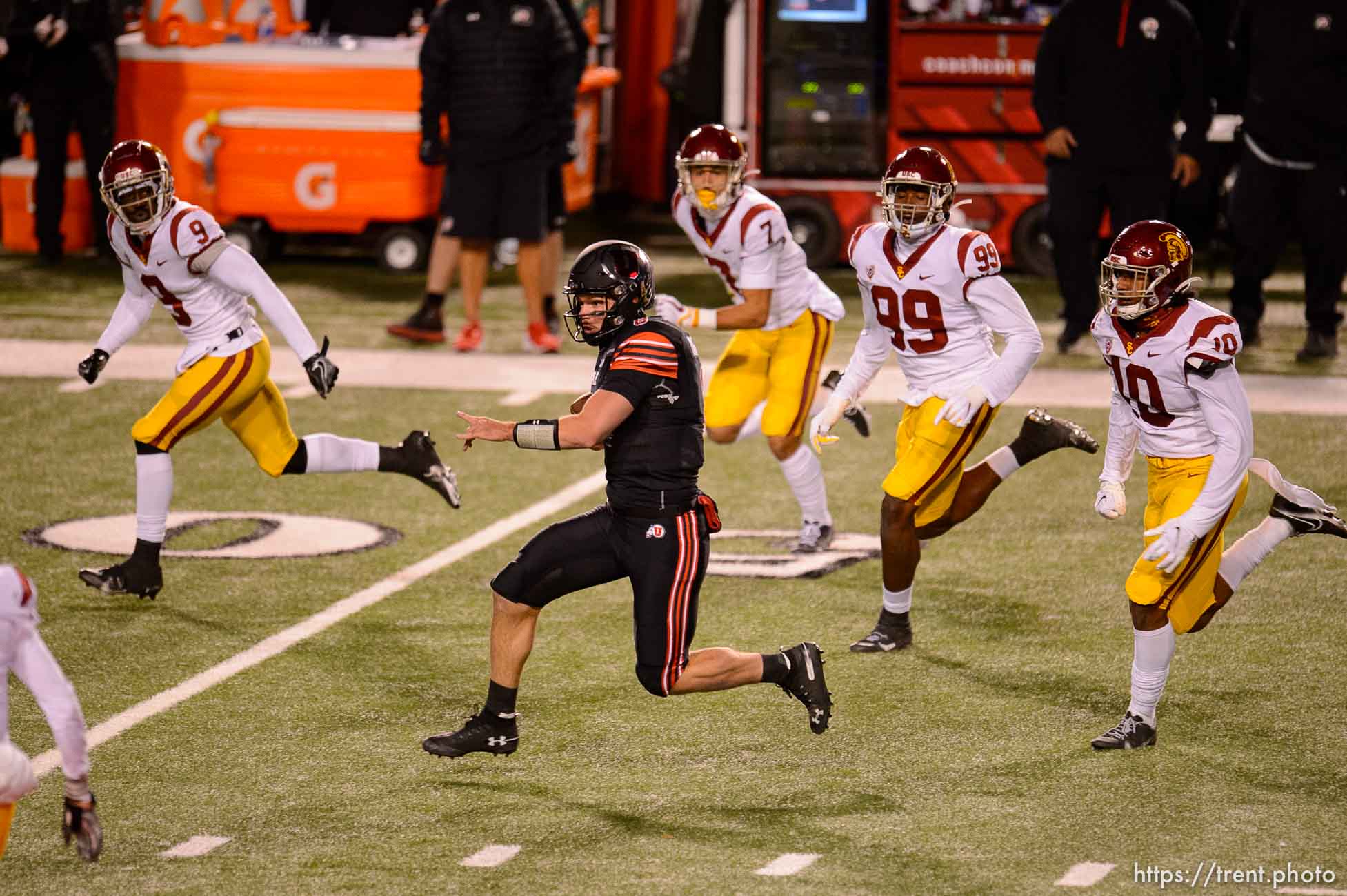 (Trent Nelson  |  The Salt Lake Tribune) Utah Utes quarterback Jake Bentley (8) runs the ball as the Utah Utes host the USC Trojans, NCAA football at Rice-Eccles Stadium in Salt Lake City on Saturday, Nov. 21, 2020.