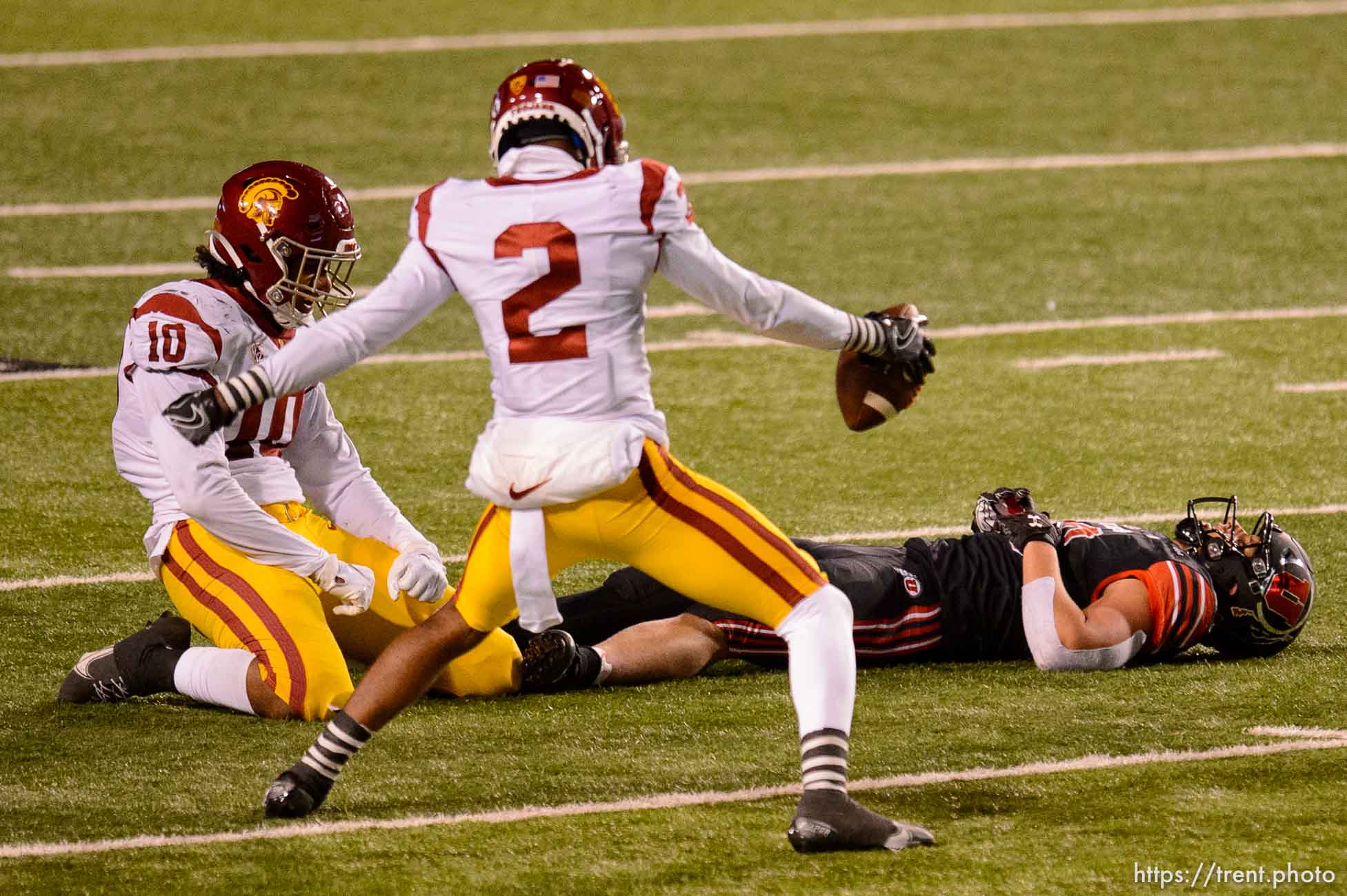 (Trent Nelson  |  The Salt Lake Tribune) USC Trojans cornerback Olaijah Griffin (2) stands over as the Utah Utes host the USC Trojans, NCAA football at Rice-Eccles Stadium in Salt Lake City on Saturday, Nov. 21, 2020.