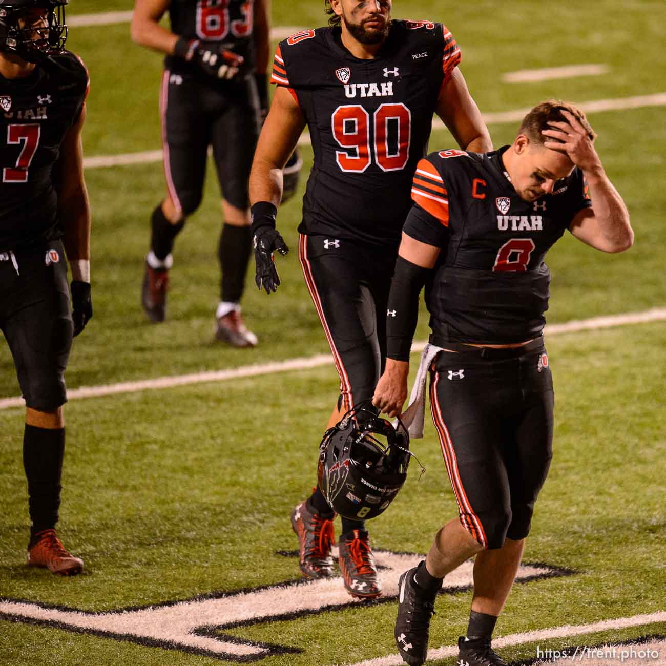 (Trent Nelson  |  The Salt Lake Tribune) Utah Utes quarterback Jake Bentley (8) walks off the field as the Utah Utes lose to the USC Trojans, NCAA football at Rice-Eccles Stadium in Salt Lake City on Saturday, Nov. 21, 2020.