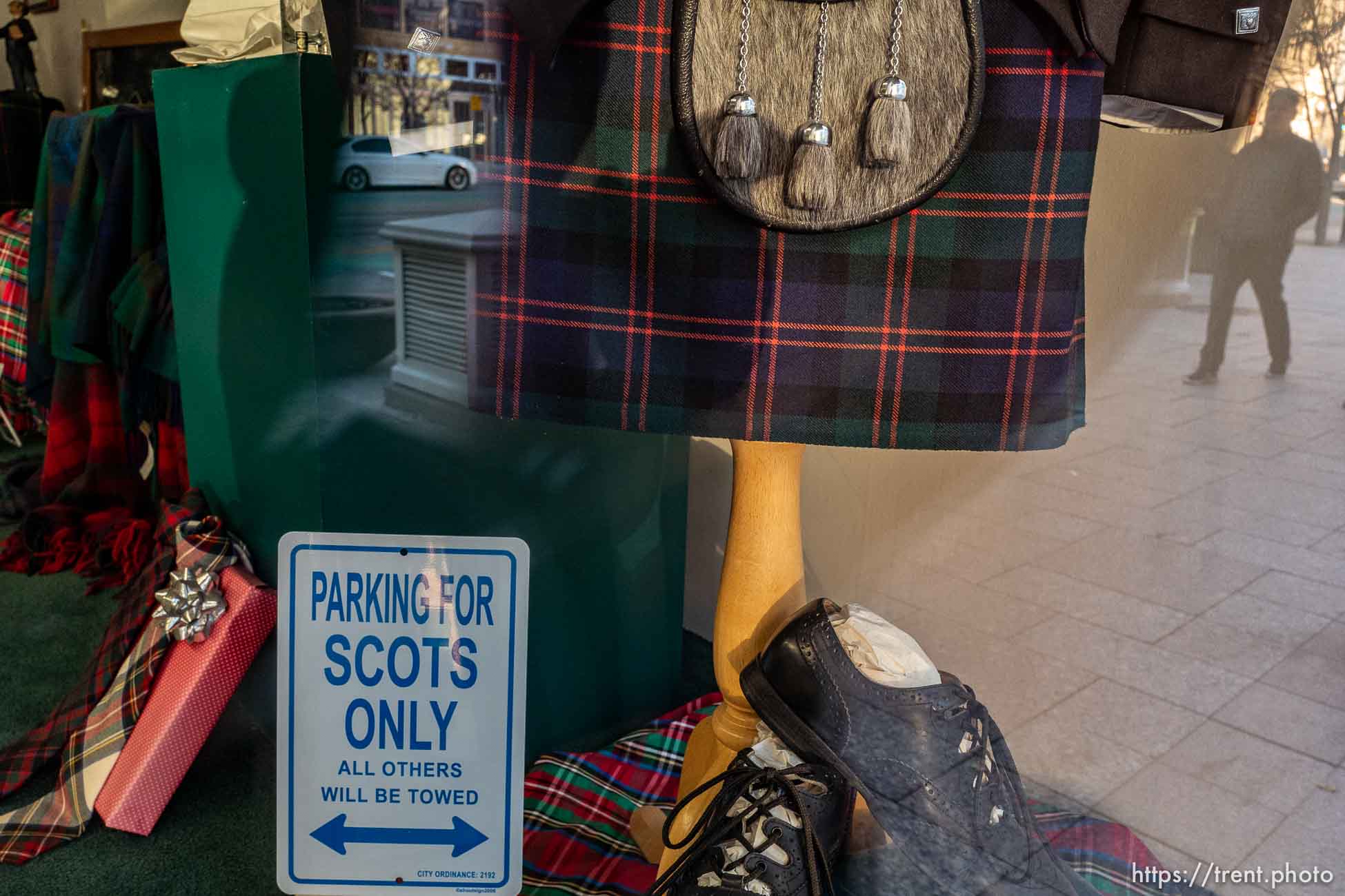 (Trent Nelson  |  The Salt Lake Tribune) Reflections in the window of Edinburgh Castle Scottish Imports in Salt Lake City on Wednesday, Nov. 25, 2020.