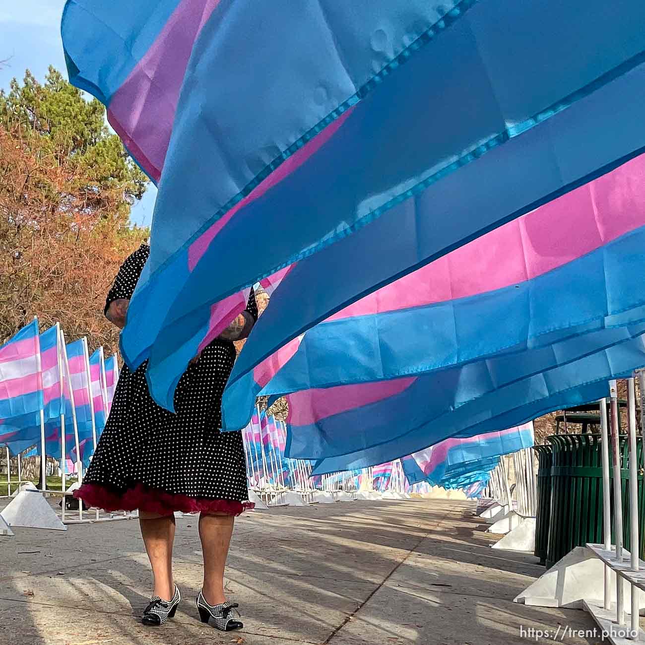 (Trent Nelson  |  The Salt Lake Tribune) Tisha Olsen of Project Rainbow poses for photographer Robin Pendergrast in front of Trans Pride flags marking Transgender Awareness Week at City Hall in Salt Lake City on Tuesday, Nov. 17, 2020. Each of the more than 300 Trans Pride flags stands in remembrance of a transgender person murdered in the last year.