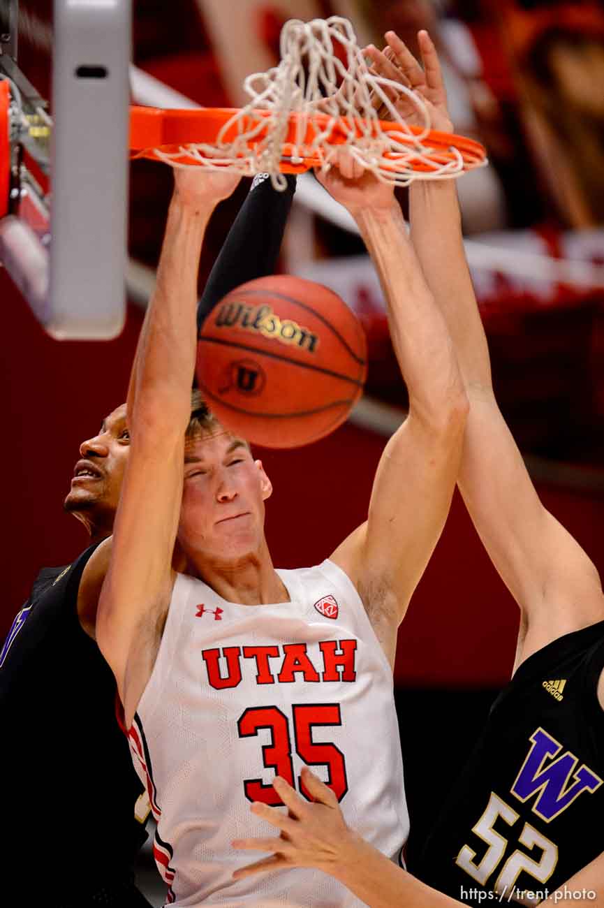 (Trent Nelson  |  The Salt Lake Tribune) Utah's Branden Carlson dunks the ball as Utah hosts Washington, NCAA basketball in Salt Lake City on Thursday, Dec. 3, 2020.